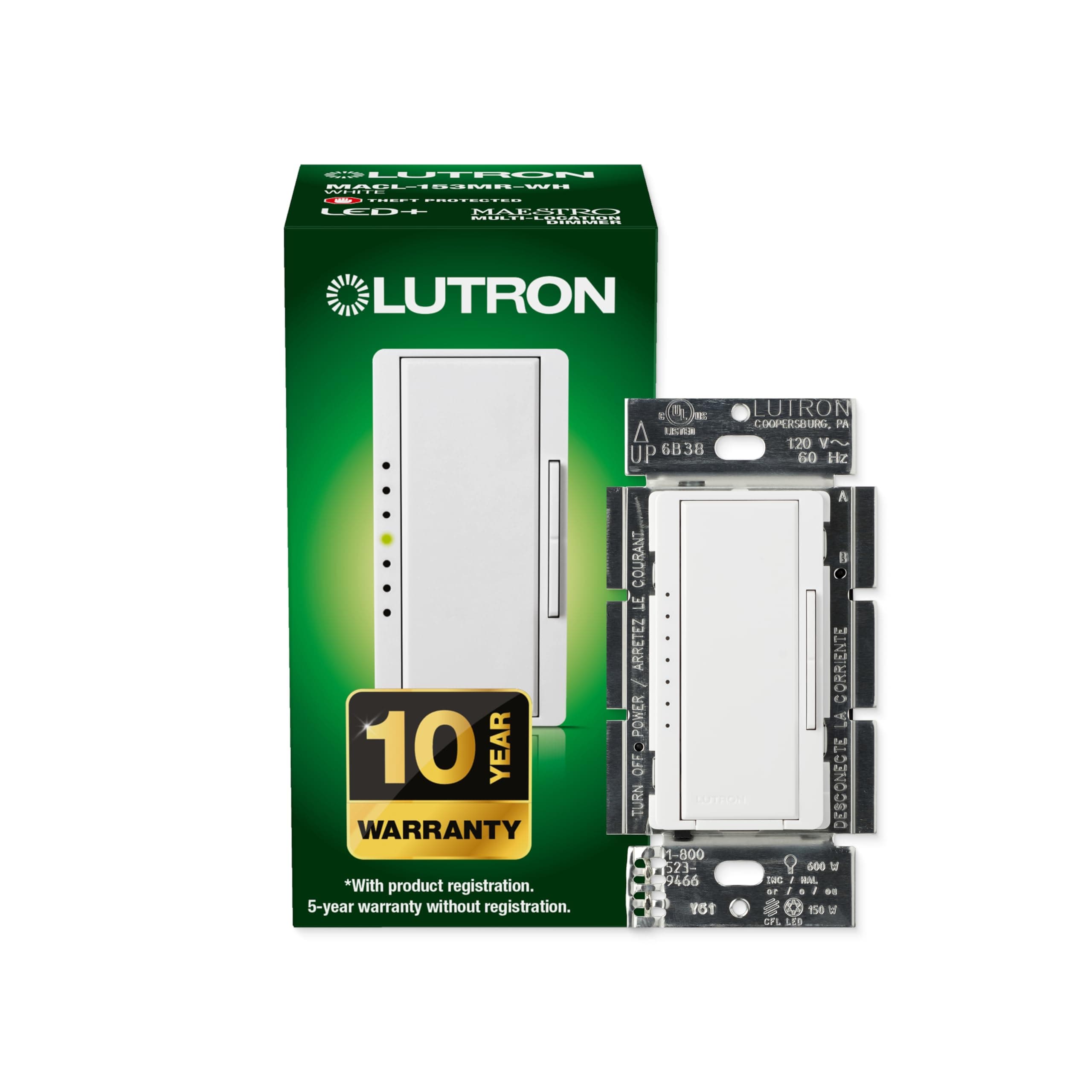 Lutron Maestro LED+ Dimmer Switch for Dimmable LED, Halogen and Incandescent Bulbs, 150W/Single-Pole or Multi-Location, MACL-153M-WH, White