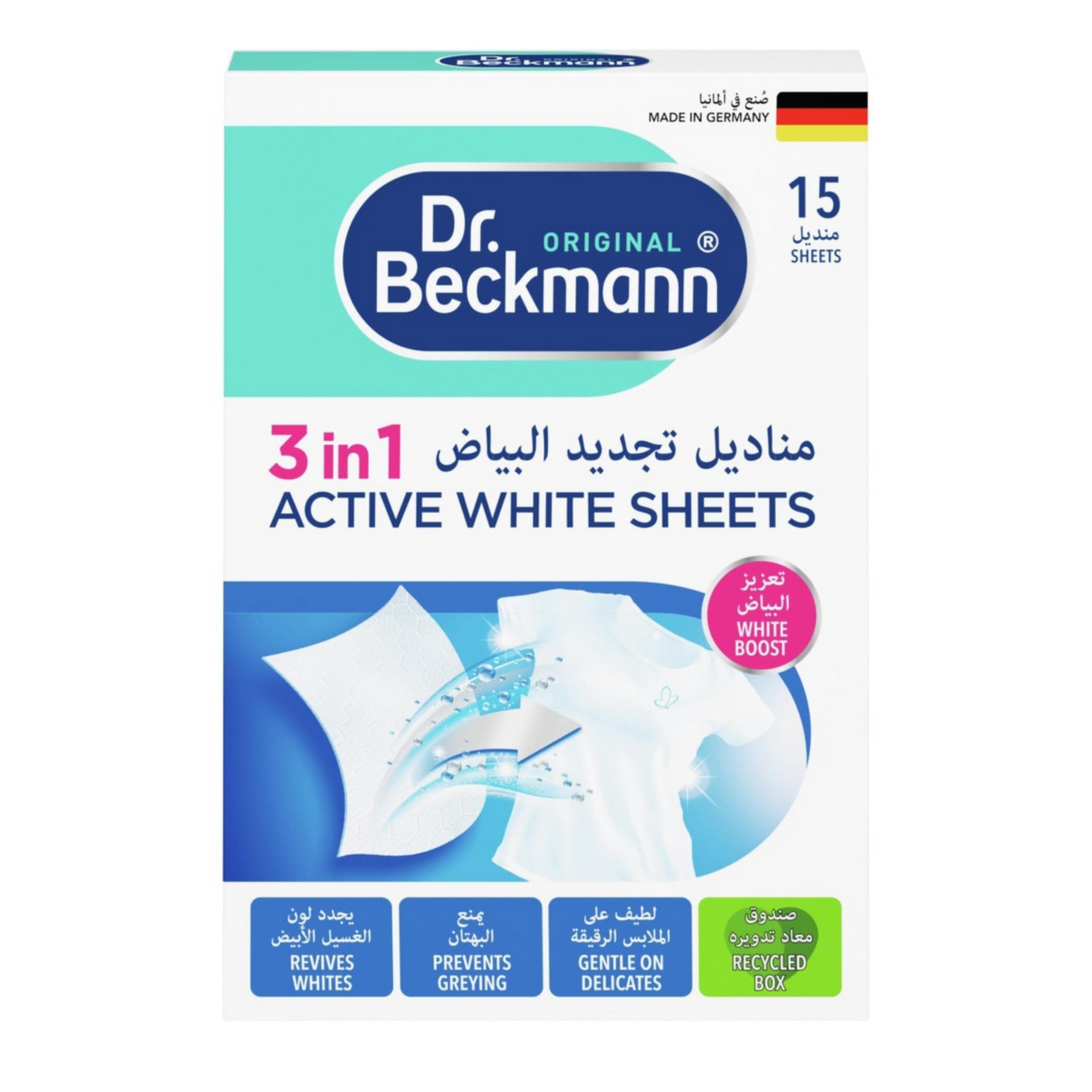 Dr. Beckmann Active White Sheets with Brilliant Formula|Brightens Wash after Wash|Fights Greying & yellowing of Cloths|Home&Laundry Cleaning Essentials|Long lasting bright white-15 Sheets Packet