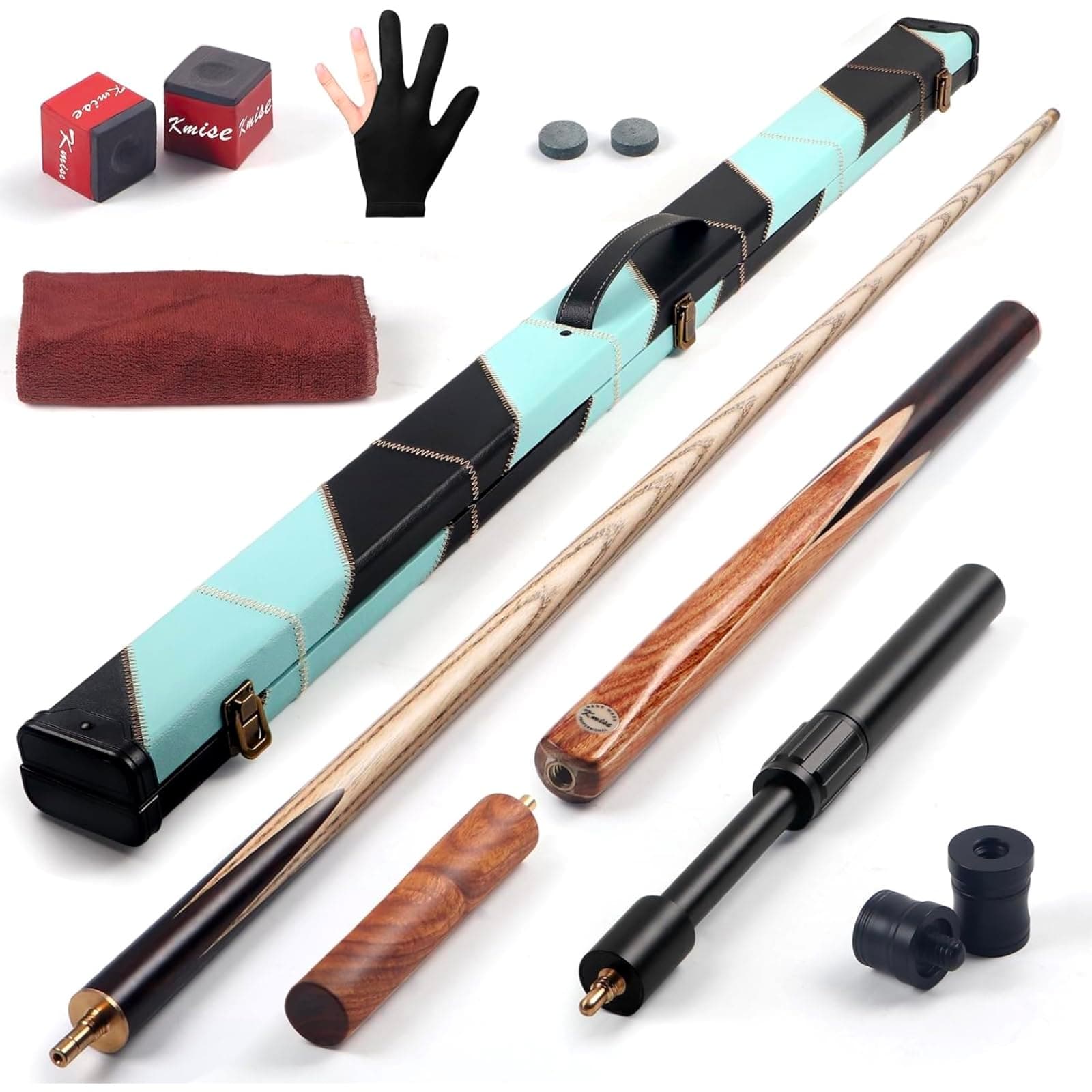Kmise 3/4 Split Snooker Pool Cue, Handcraft, 4-Face Spliced Professional Snooker Pool Stick, Pool Sticks for Adults, with 2 Extension Cues, Complete Cue Set(18oz)
