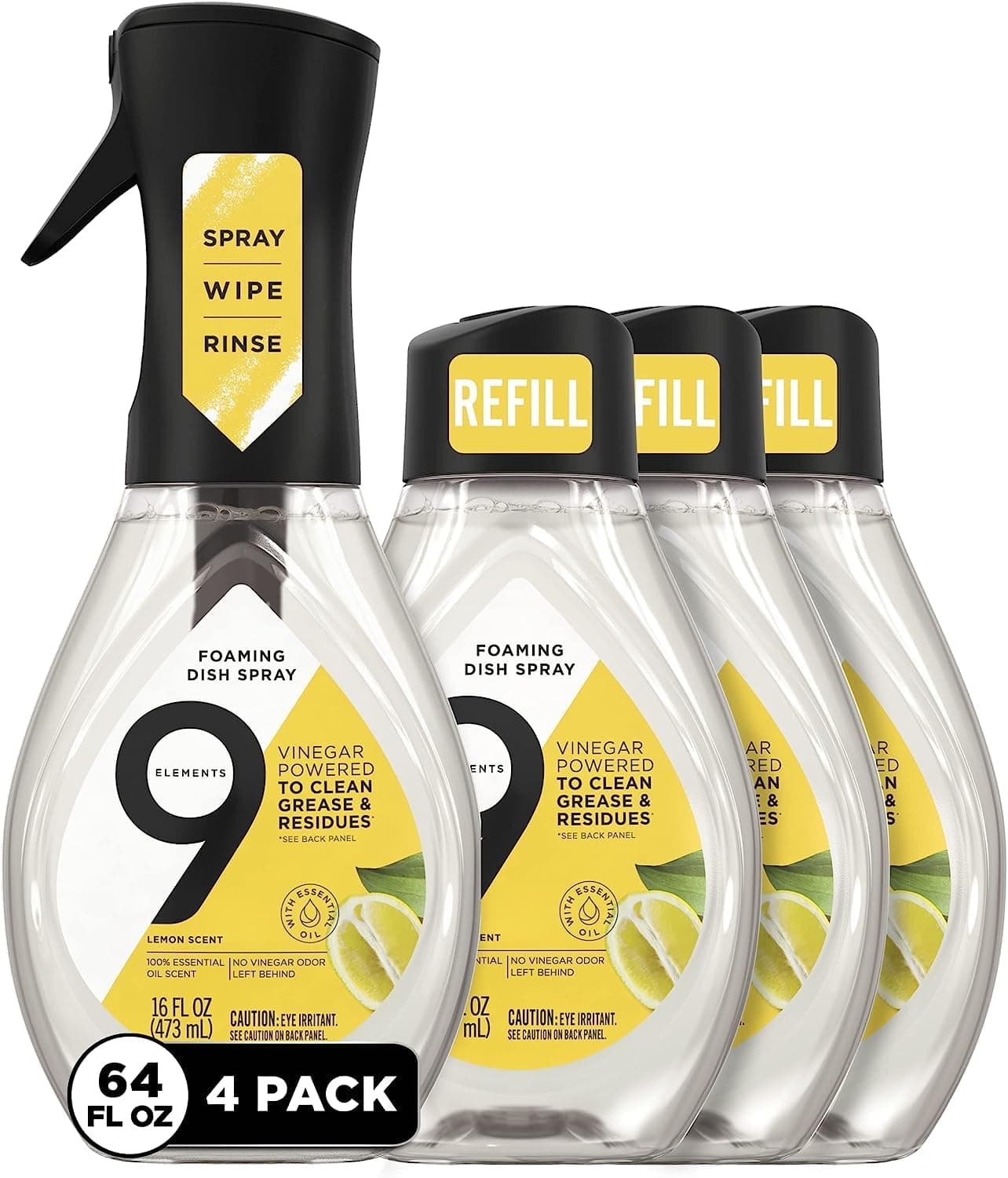 9 Elements Natural Dish Soap, Dishwashing Liquid with Lemon Essential Oils, Made with the Power of Vinegar, 1 Dish Spray Starter Kit & 3 Refills (64 oz Total)