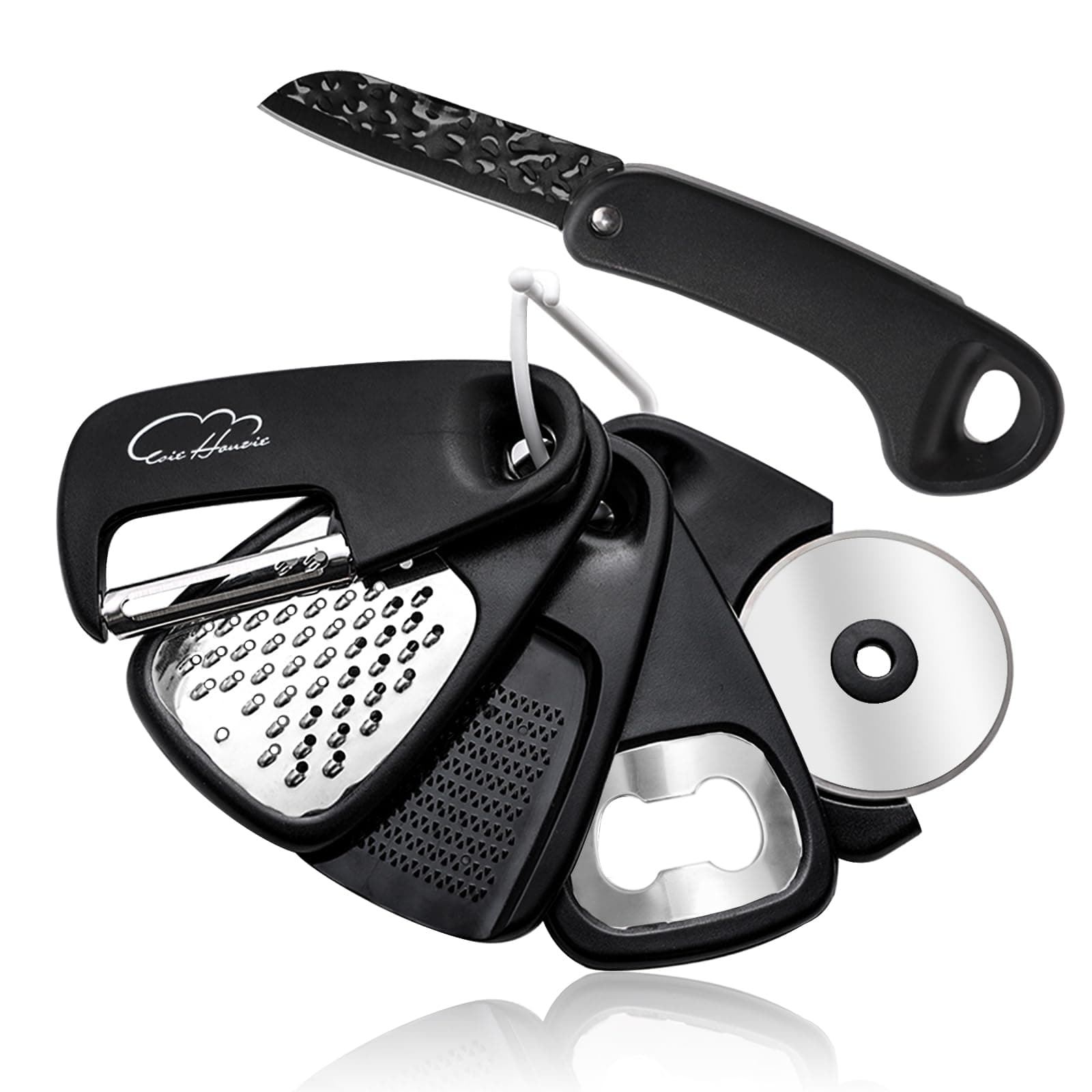 Kitchen Gadgets Set 6 Piece, Space Saving Kitchen Utensils Stainless Steel Accessories Cheese Grater, Bottle Opener, Pizza Cutter, Vegetable Peeler, Paring Knife, Garlic Grinder, Burlap Bag Gift(BLK)