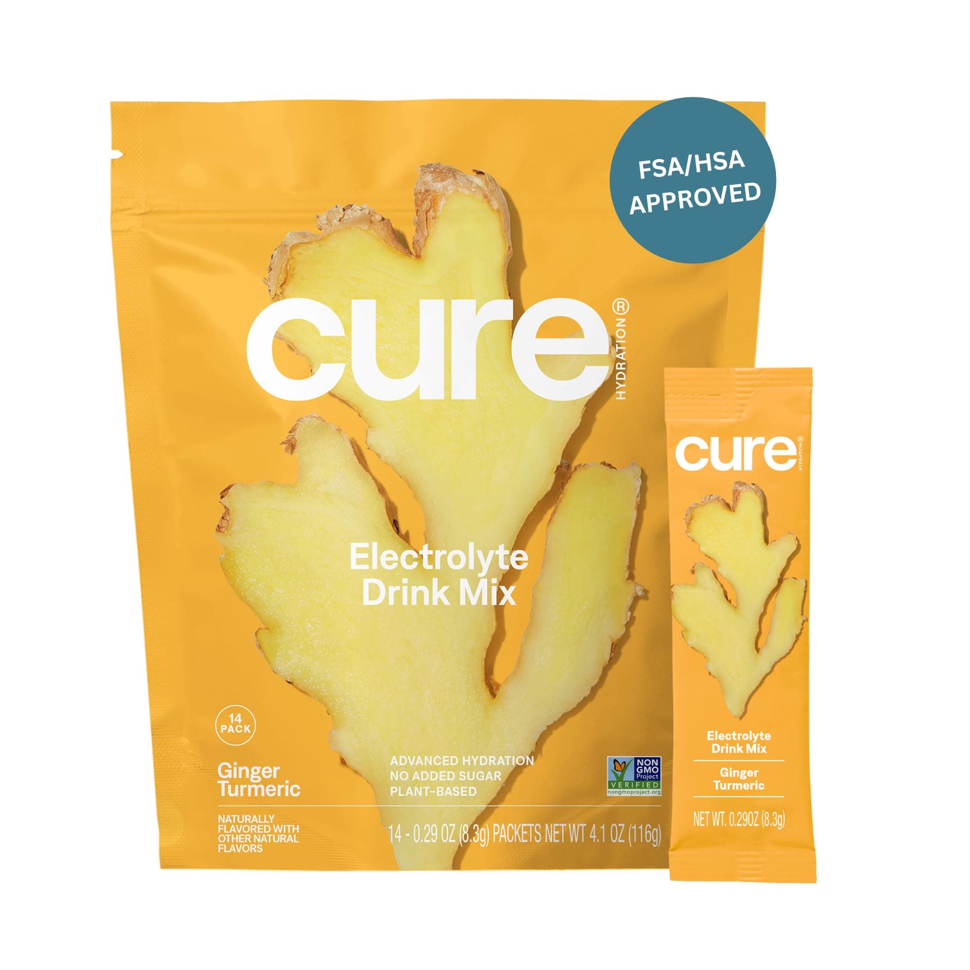 Cure Hydration | Plant-Based Electrolyte Drink Mix | No Added Sugar | FSA-HSA | Dehydration Relief Powder Made with Coconut Water | Non-GMO | Vegan | Pouch of 14 Packets - Ginger Turmeric