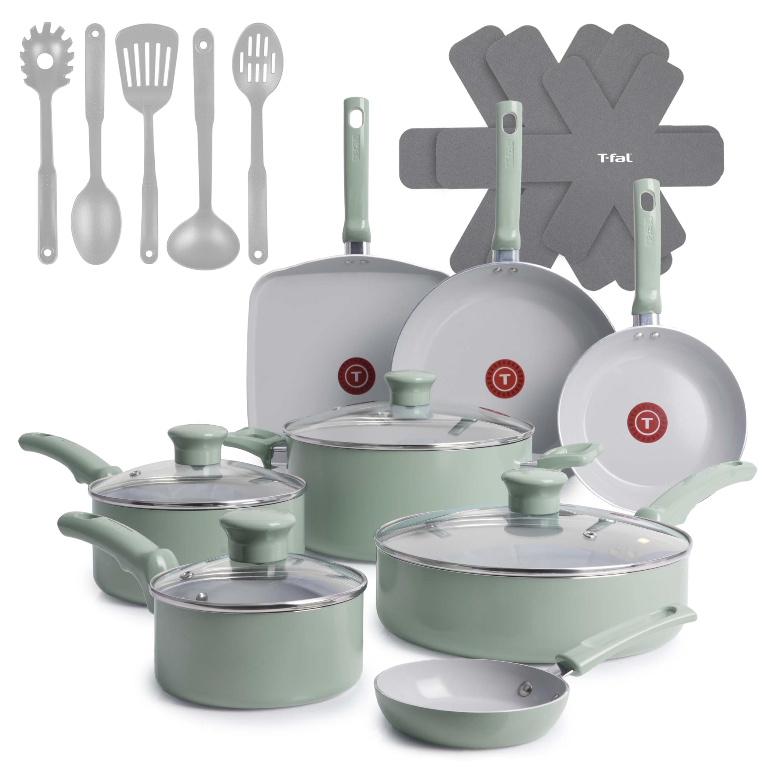Refresh Ceramic Nonstick Cookware Set, 20-Piece, Oven Safe to 350°F, Stockpot, Ceramic Pots and Pans Set, Frying Pans, Griddle, Utensils, Mint Green
