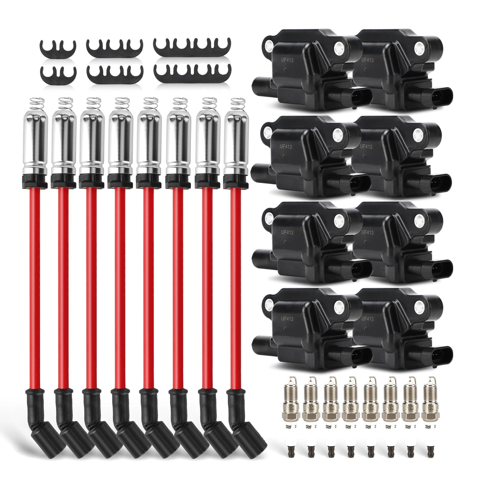 UF413 Ignition Coils Pack & Double Iridium Spark Plugs & 10.2MM Spark Plug Wires for Buick Rainier/Cadillac Escalade CTS/Chevy Silverado Impala Suburban Tahoe/GMC Envoy Sierra Yukon/Hummer H2 H3