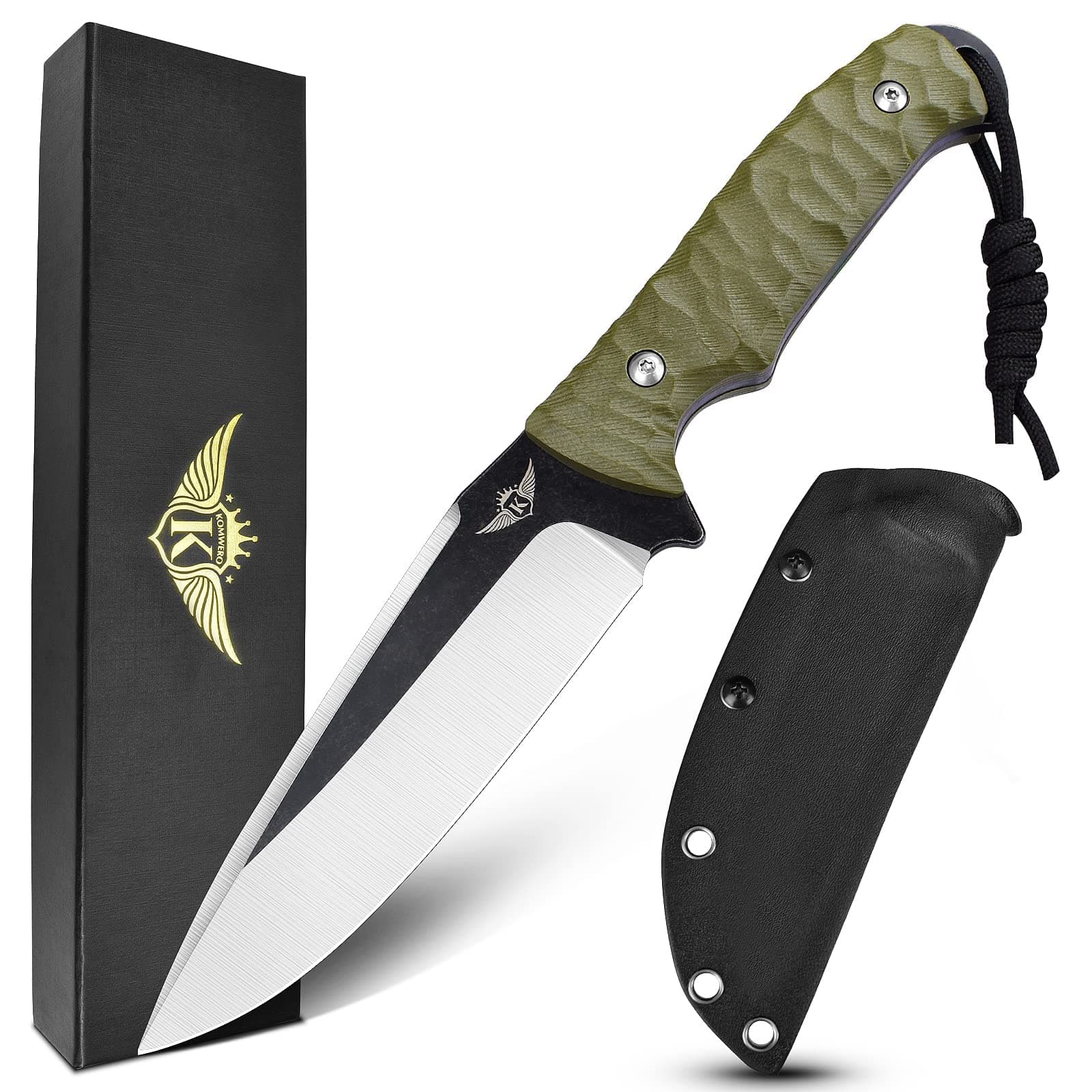 - Fixed Blade Knife with Kydex Sheath, 4.52" Blade D2 Steel, Full Tang Knife with Green G10 Handle, Outdoor Hunting Camping Knives for Survival Hiking Bushcraft Fishing