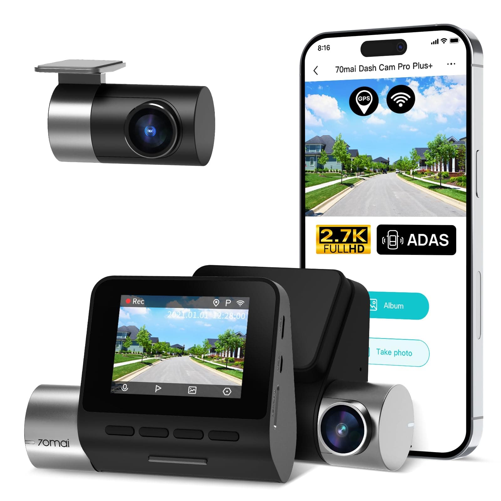 2.7K Dash Cam Front and Rear A500S, Dual Dash Camera for Cars, Dashcam with APP, Sony IMX335, ADAS, Built-in WiFi GPS, 2'' IPS Screen, WDR, Night Vision, 24/7 Parking Mode, Loop Recording