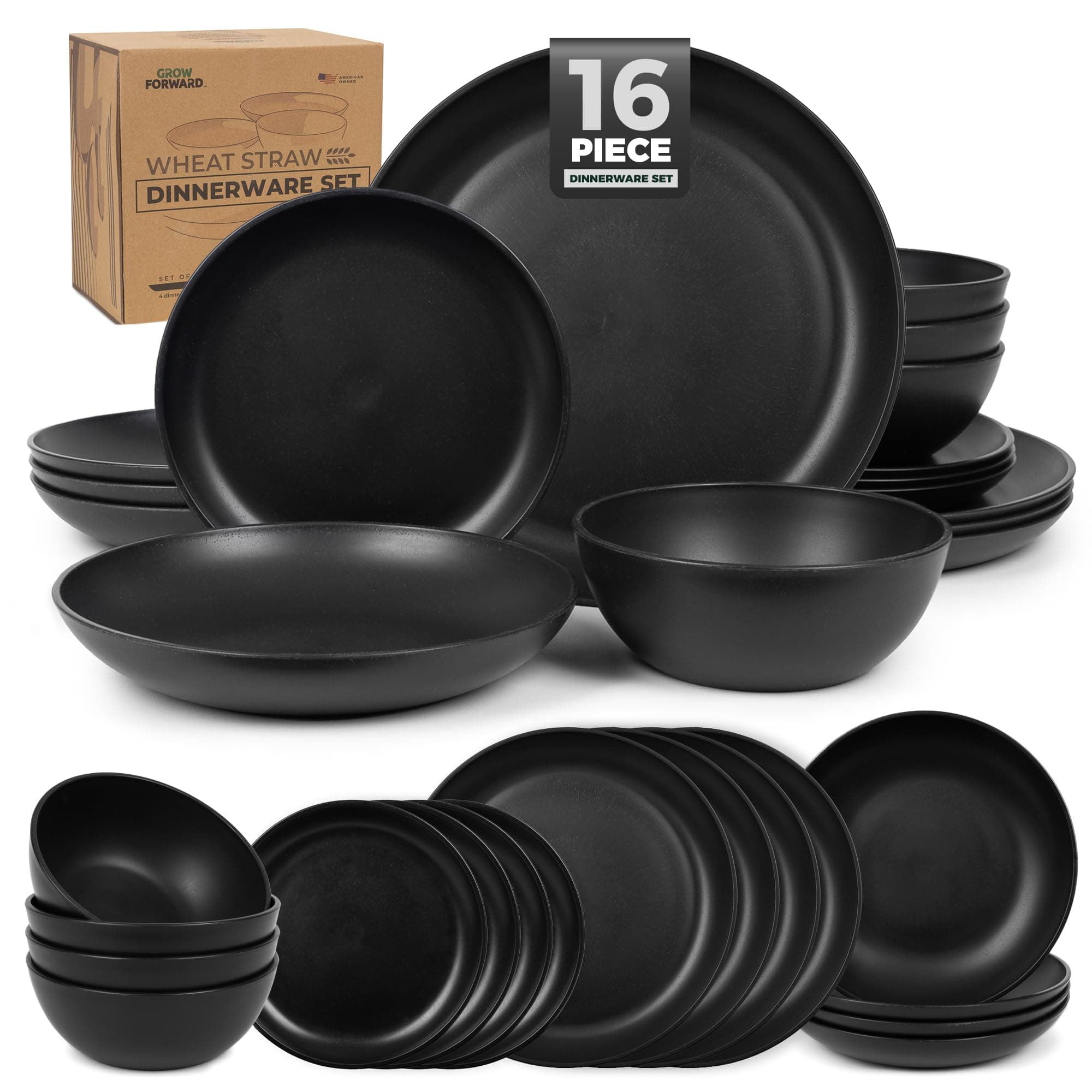 16-piece Premium Wheat Straw Dinnerware Sets for 4 - Unbreakable Dishwasher & Microwave Safe Plastic Plates and Bowls Sets - Patio, Outdoors, RV, Camping Dishes - Midnight