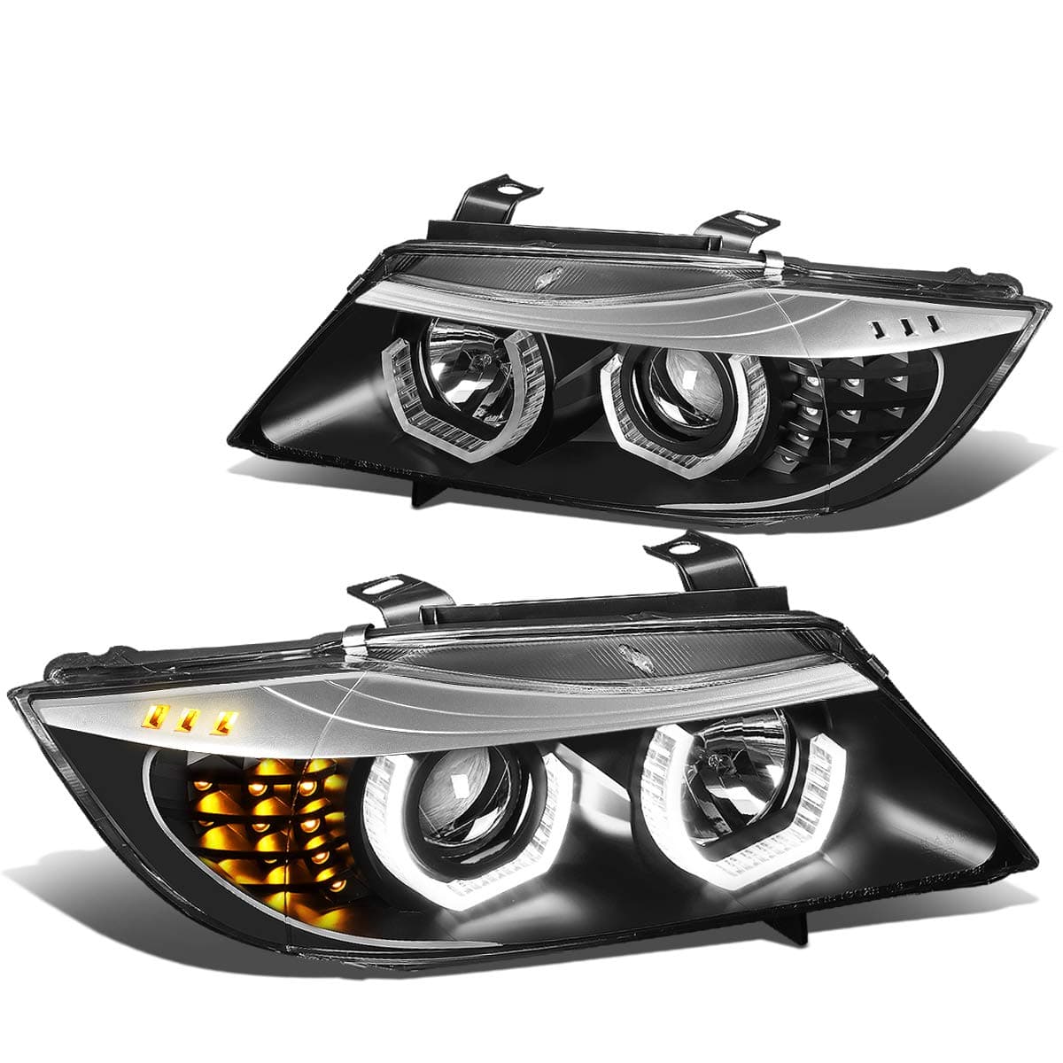 Auto Dynasty LED Halo Headlights Assembly Compatible with 2009-2012 BMW E90 320i 323i 4-Dr Sedan, Left and Right Side, 3D Crystal Gray Trim U-Halo, Projector Low Beam, LED Turn Signal, Black Housing