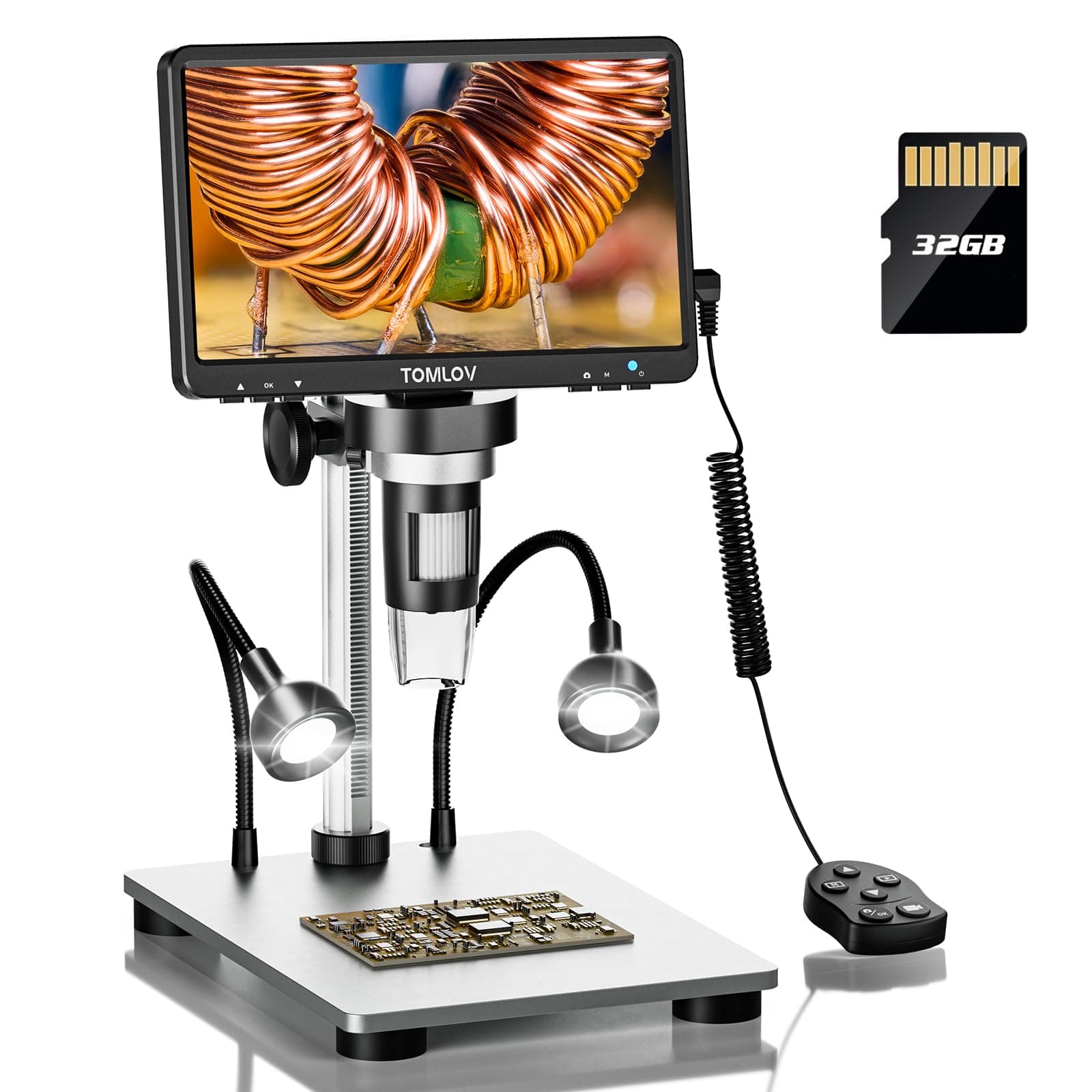 TOMLOV DM9 7" LCD Digital Microscope 1300X, 12MP Coin Magnification, 1080P HD Video Soldering USB Scope for Adult, with LED Light, Adjustable Metal Stand, PC/Windows/Mac Compatible, 32GB Card
