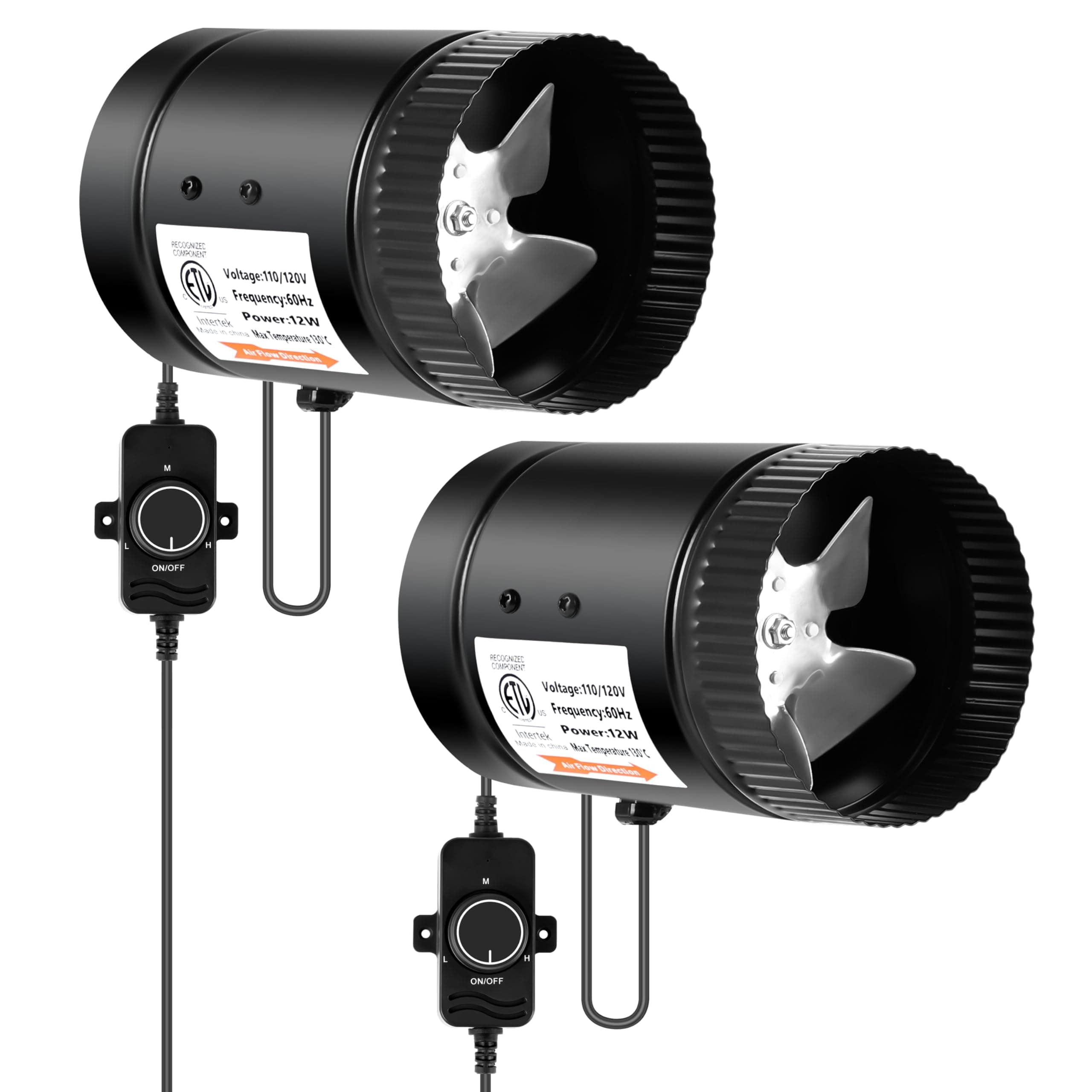 iPower Inline Booster Duct Fan 4'' 106CFM with Speed Controller, Low Noise HVAC Blower for Grow Tent, Basements, Bathrooms and Kitchens, 2 Pack