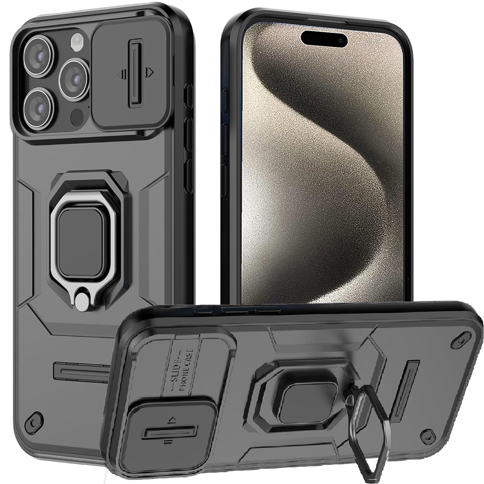 Sponsored Ad – for iPhone 15 Pro Case with Sliding Camera Cover and 360° Rotate Ring Kickstand Heavy Duty Protective Shockproof Protective Phone Case for iPhone 15 Pro Cover,Black
