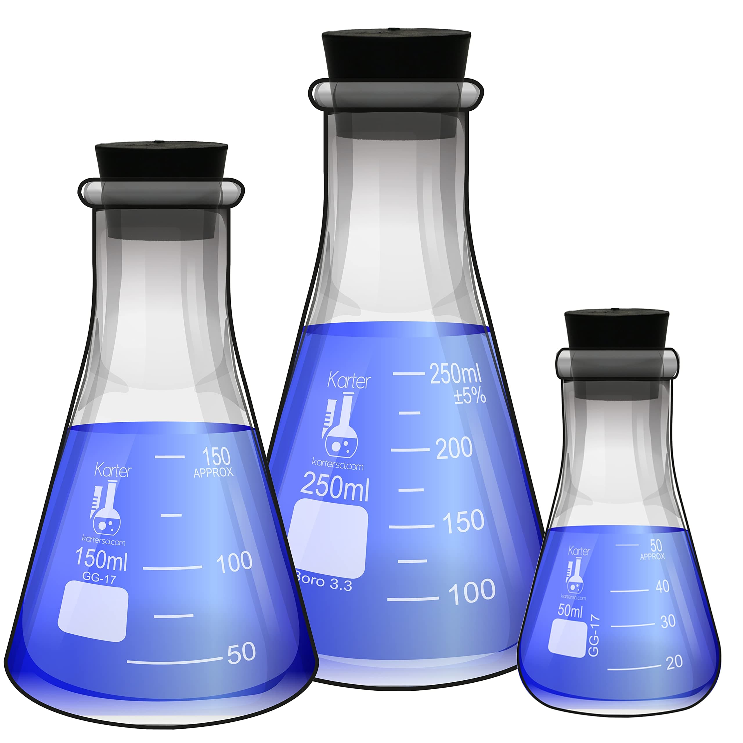 Glass Erlenmeyer Flask Set with Rubber Stoppers - 3 Sizes - 50, 150 and 250ml, Karter Scientific 214U8