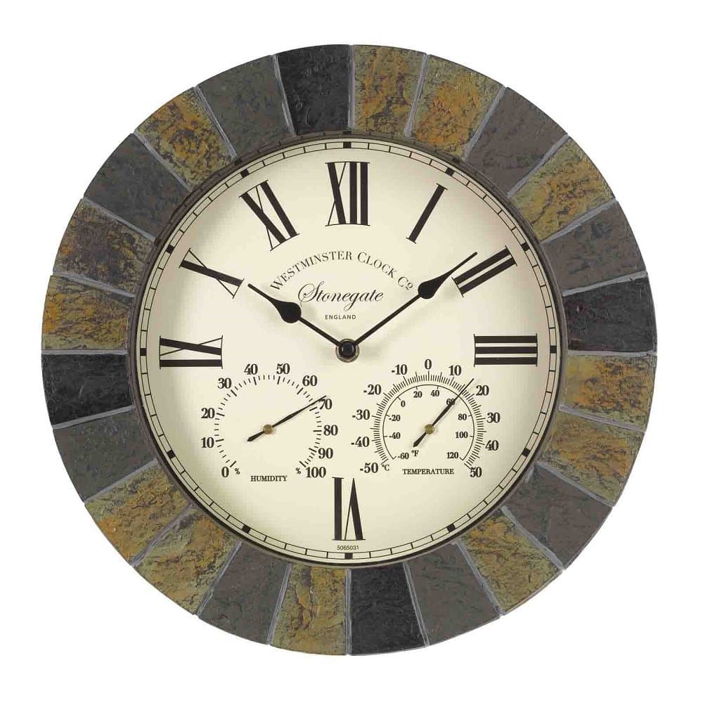 Outside In Stonegate Wall Clock & Thermometer 14" - Slate