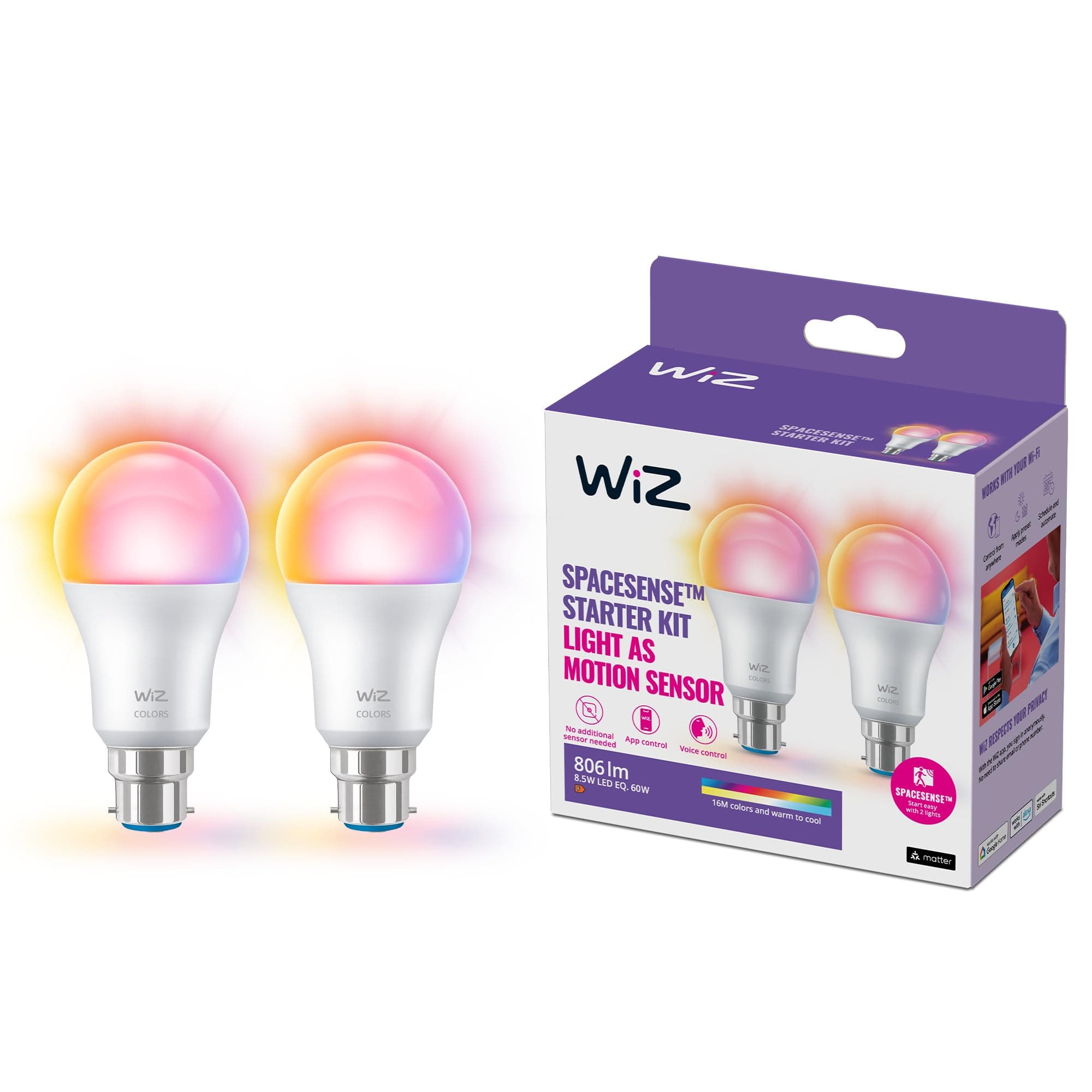 WiZ Smart Bulb, B22 Colour, Dimmable, Smart LED Connected WiFi Works with Alexa, Google Assistant & HomeKit, App Control for Home Indoor Lighting, Livingroom, Bedroom, Energy Monitoring, 2 Pack