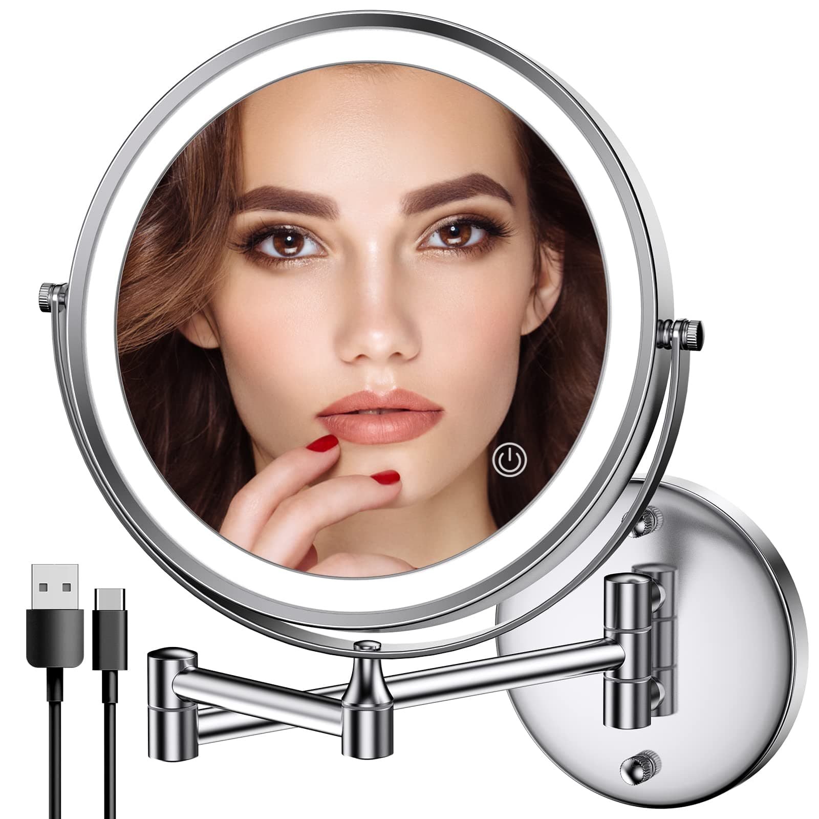 Rocollos Upgraded Base Version Rechargeable Wall Mounted Lighted Makeup Mirror Chrome with 3 Color Lights,Dimmable Touch Screen,8 Inch LED Double Sided 1X/10X Magnifying (Chrome)