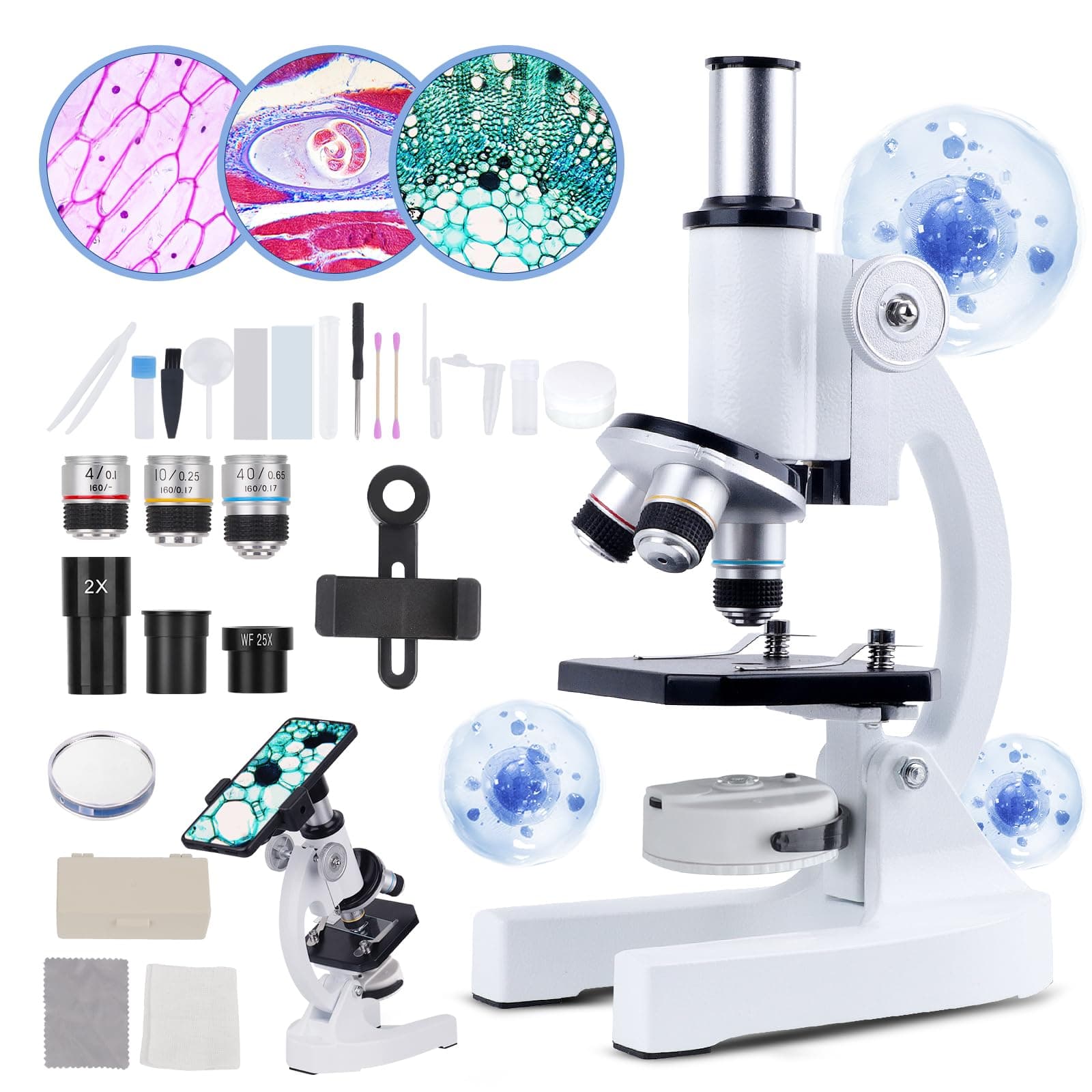 Microscope for Kids Beginner, 40X-2000X Biological Compound Microscope Kit with Adjustable Brightness LED, Slides for School Lab Home Education, Gifts for Children Students