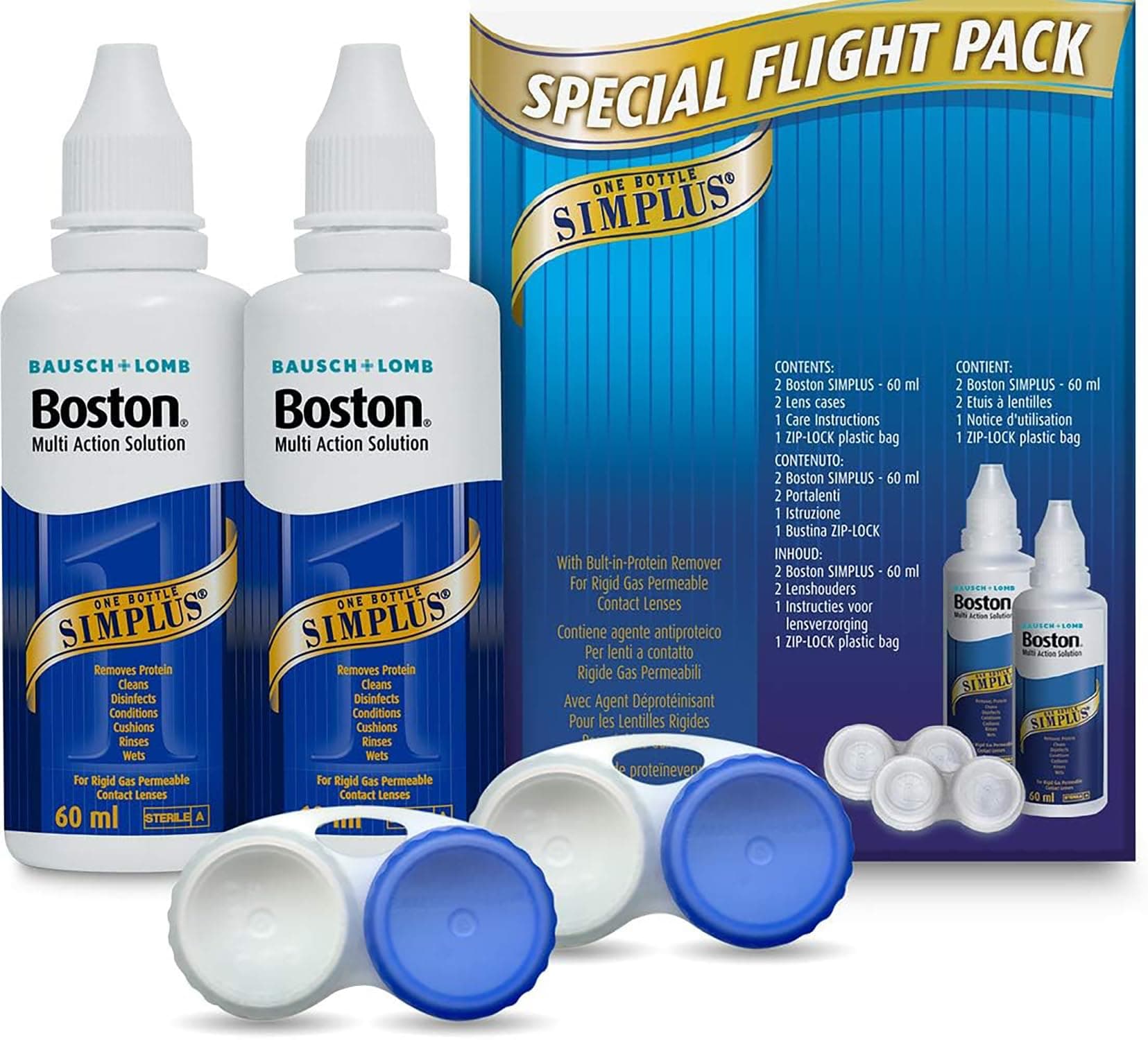 Boston Simplus Travel Contact Lens Solution, 2X 60ml Flight Pack Size, Multi-Action Solution for Rigid Gas Permeable Contact Lenses, Clean, Disinfect & Condition, 2X Lens Cases for Travel Convenience