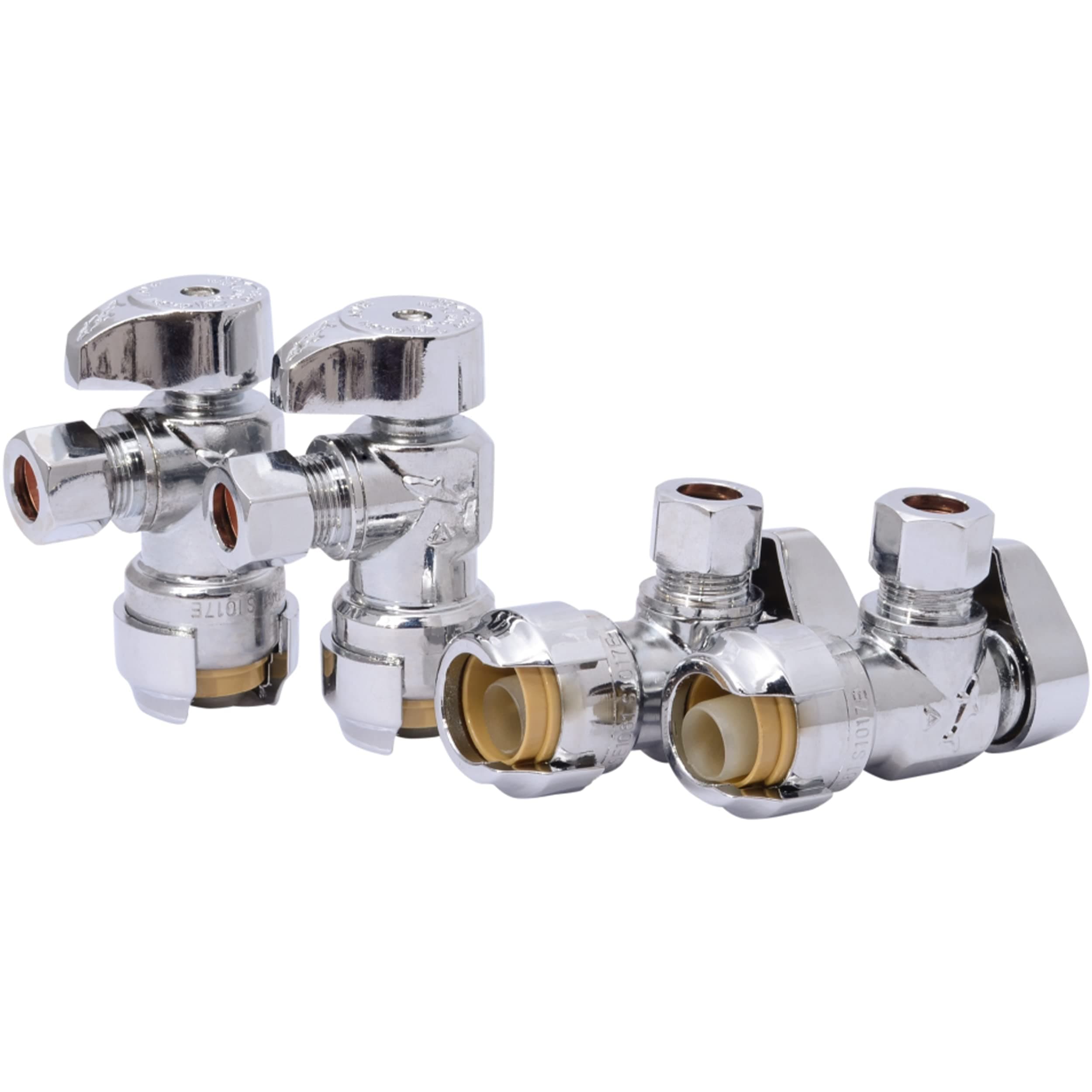 SharkBite 1/2 x 3/8 Inch Compression Angle Stop Valve, Pack of 4, Quarter Turn, Push to Connect Brass Plumbing Fitting, PEX Pipe, Copper, CPVC, PE-RT, HDPE, 23036LFA4