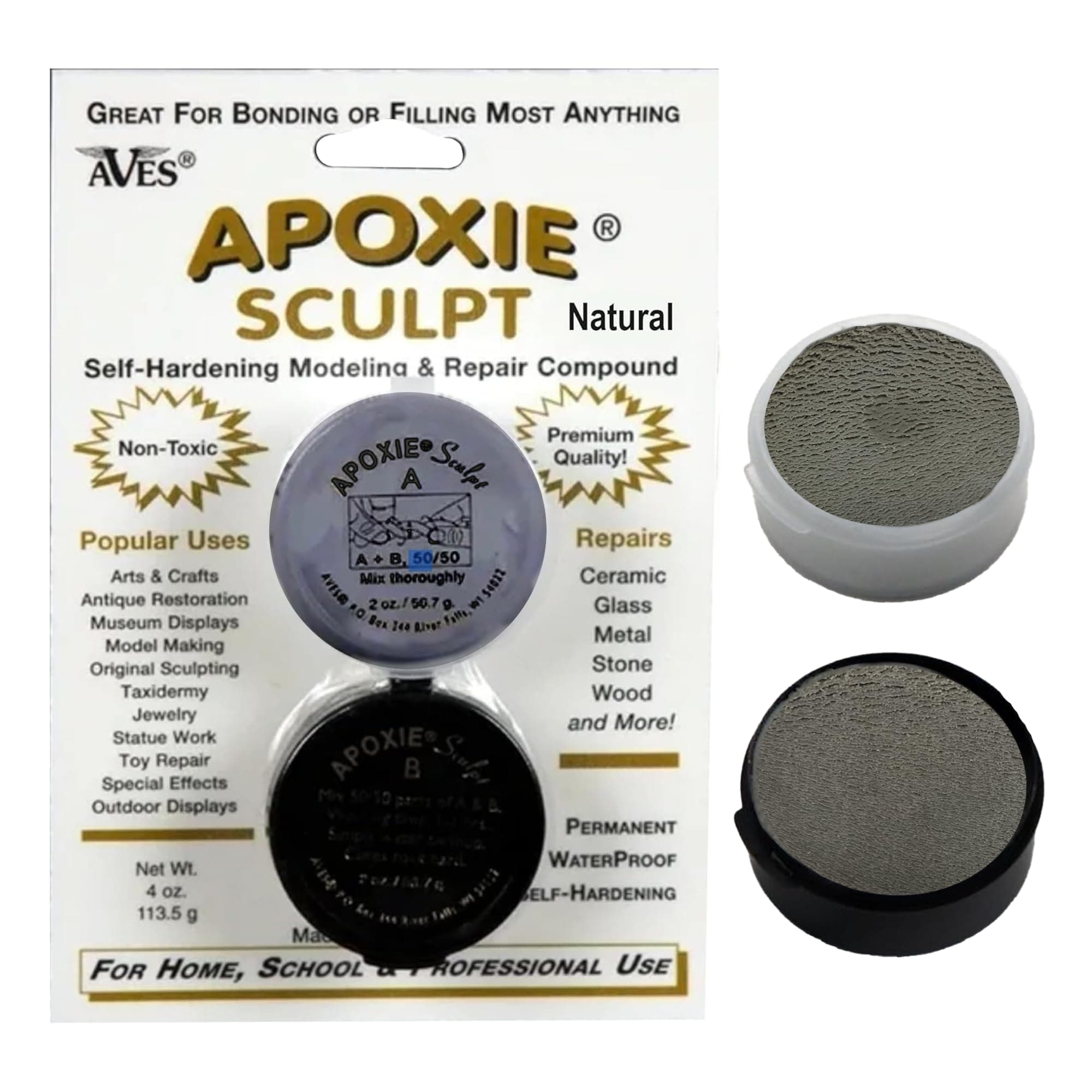 Aves Apoxie Sculpt - 2 Part Modeling Compound (A & B) - 1/4 Pound, Apoxie Sculpt for Sculpting, Modeling, Filling, Repairing, Simple to Use and Durable Self-Hardening Modeling Compound - Natural