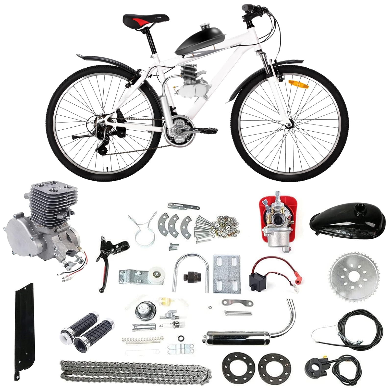 Upgraded 100cc Bicycle Engine Kit 2 Stroke Motorized Bike Engine Kit Gas Motorized Bicycle Engine Kit Super Fuel-efficient Bike Motor Kit Fit for 26"-28" Bikes, 36-Tooth Sprocket Full Set