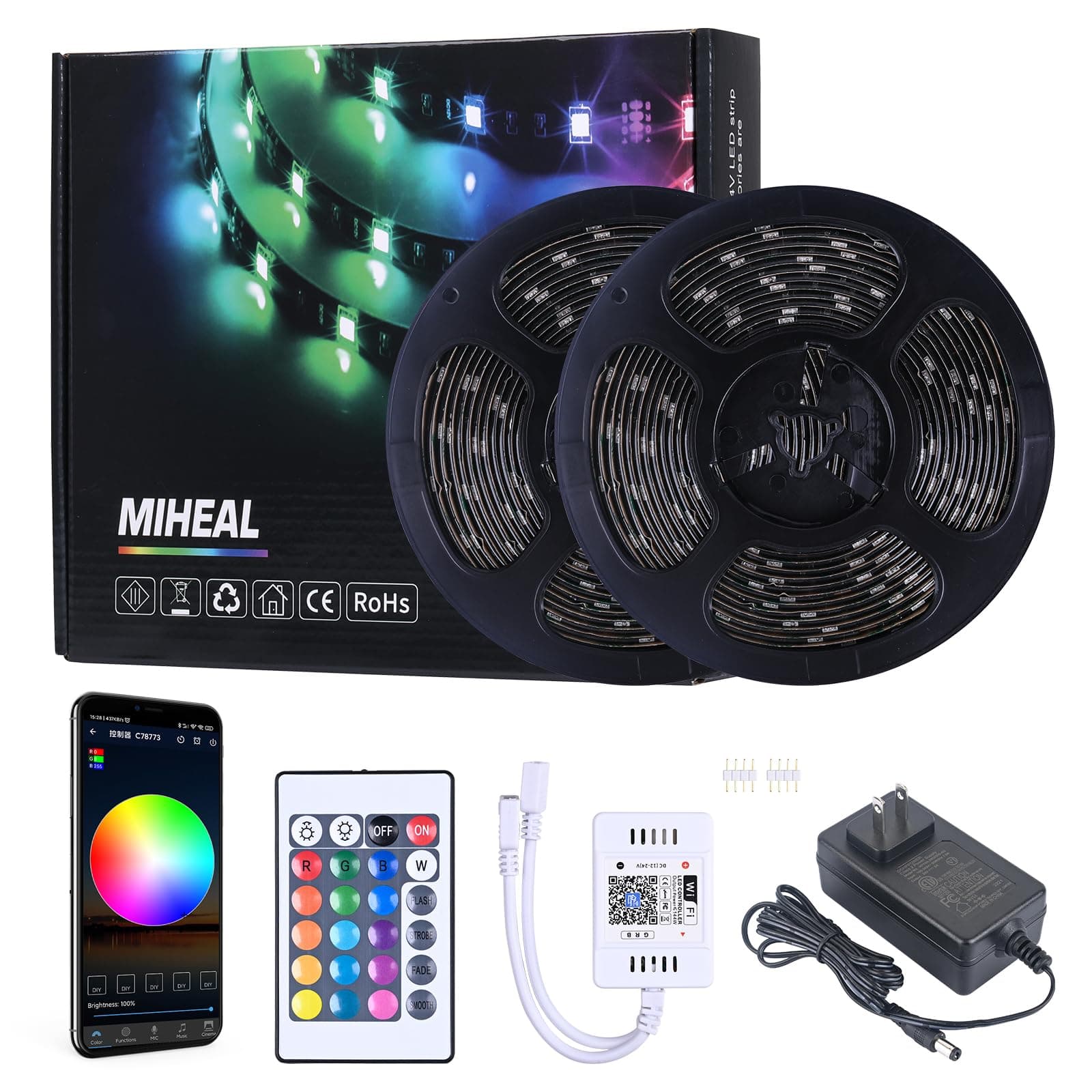 MIHEAL WiFi Wireless Smart Phone Controlled Led Strip Light Kit with DC12V UL Listed Power Supply Waterproof SMD 5050 32.8Ft(10M) 300leds RGB Music LED Light Strip Compatible with Android, iOS Alexa