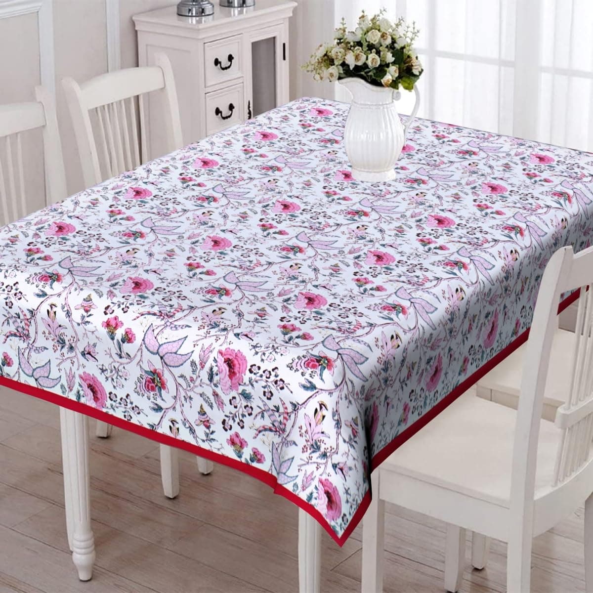 100% Cotton Dining Table Cover 4 Seater, Rectangular Dining Table 4 Seater Cover, 60 X 40 Inches, Floral Print in Pink and White with Piping(
