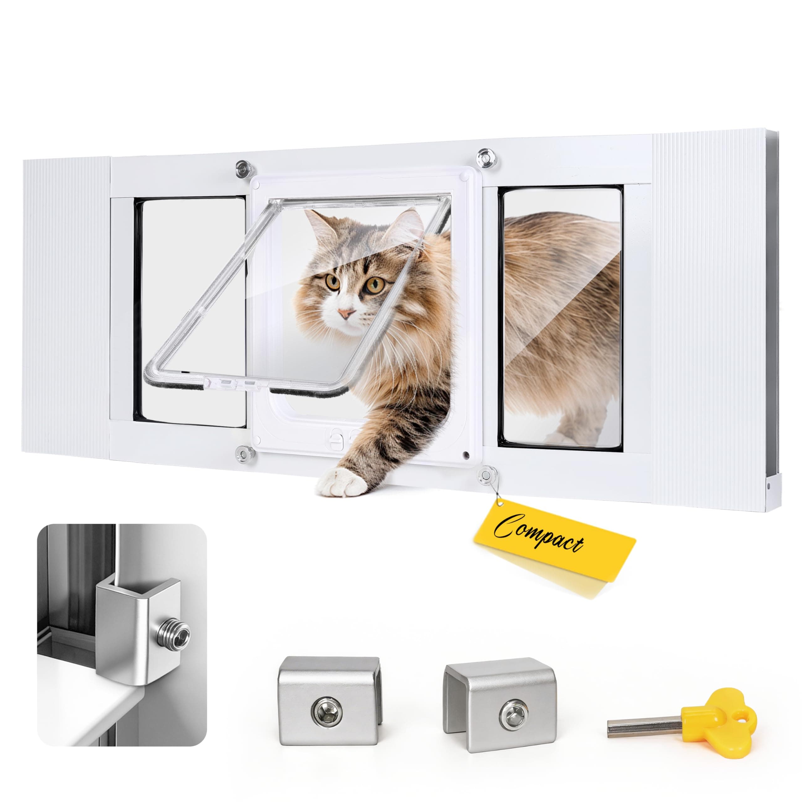 Cat Door for Window with Safety Window Lock, Adapt to Windows of Different Width, 5 Min Non-Destructive Installation Cat Window Door Insert, Aluminum Alloy Frame, 4 Locking Modes, for Cat Only