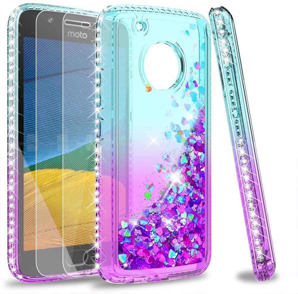 Moto G5 Plus Case, Moto G Plus 5th Generation Case with Tempered Glass Screen Protector for Girls Women, LeYi Glitter Cute Shiny Moving Quicksand Clear Phone Case Cover for Moto X 2017 ZX Teal/Purple
