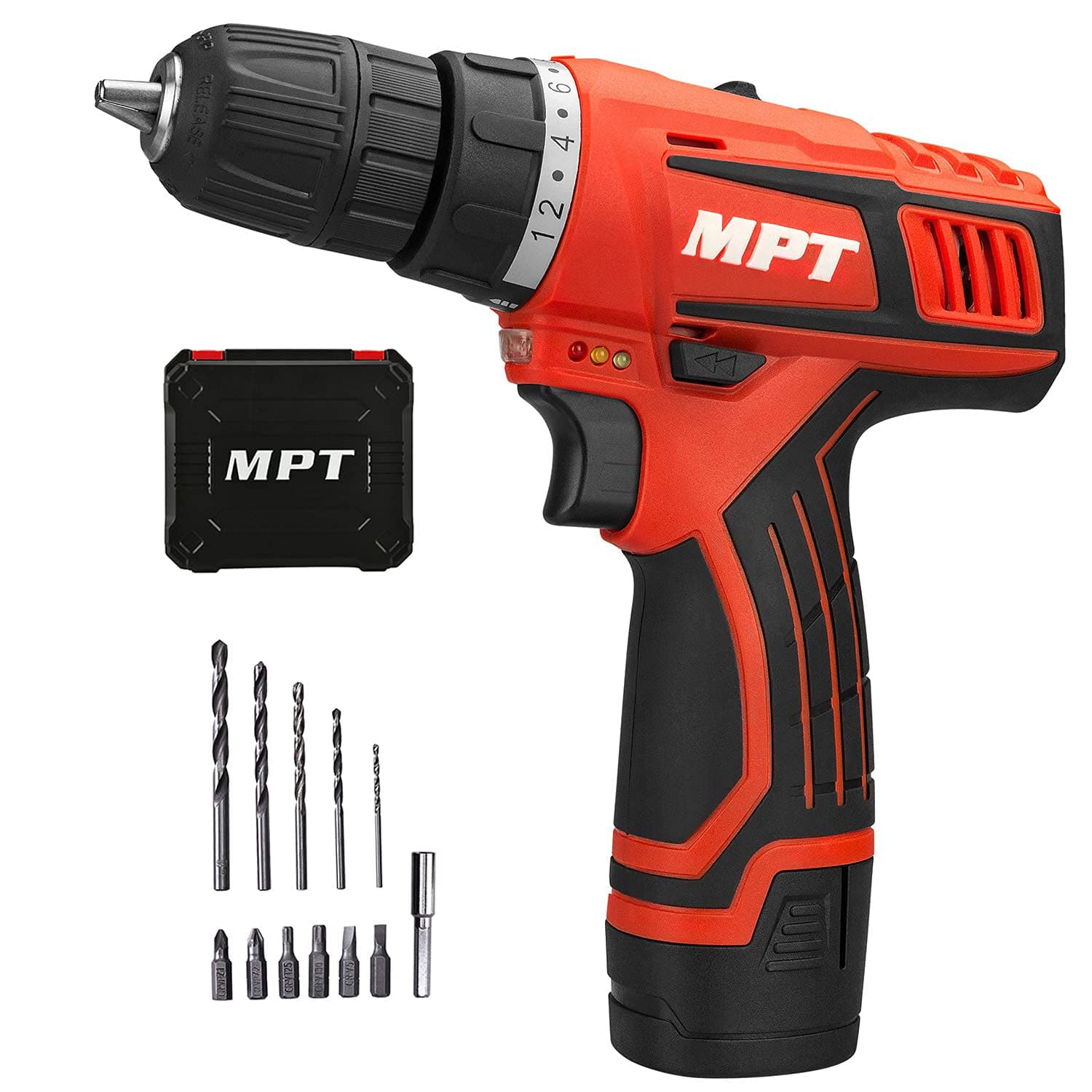 MPT Cordless Drill Driver 12V 3/8 inch Cordless Compact Drill with 1.5Ah Lithium-ion Battery,1 Hour Fast Charger Variable Speed Max 26N.m 18+1 Position with LED 13PCS Free Bits …