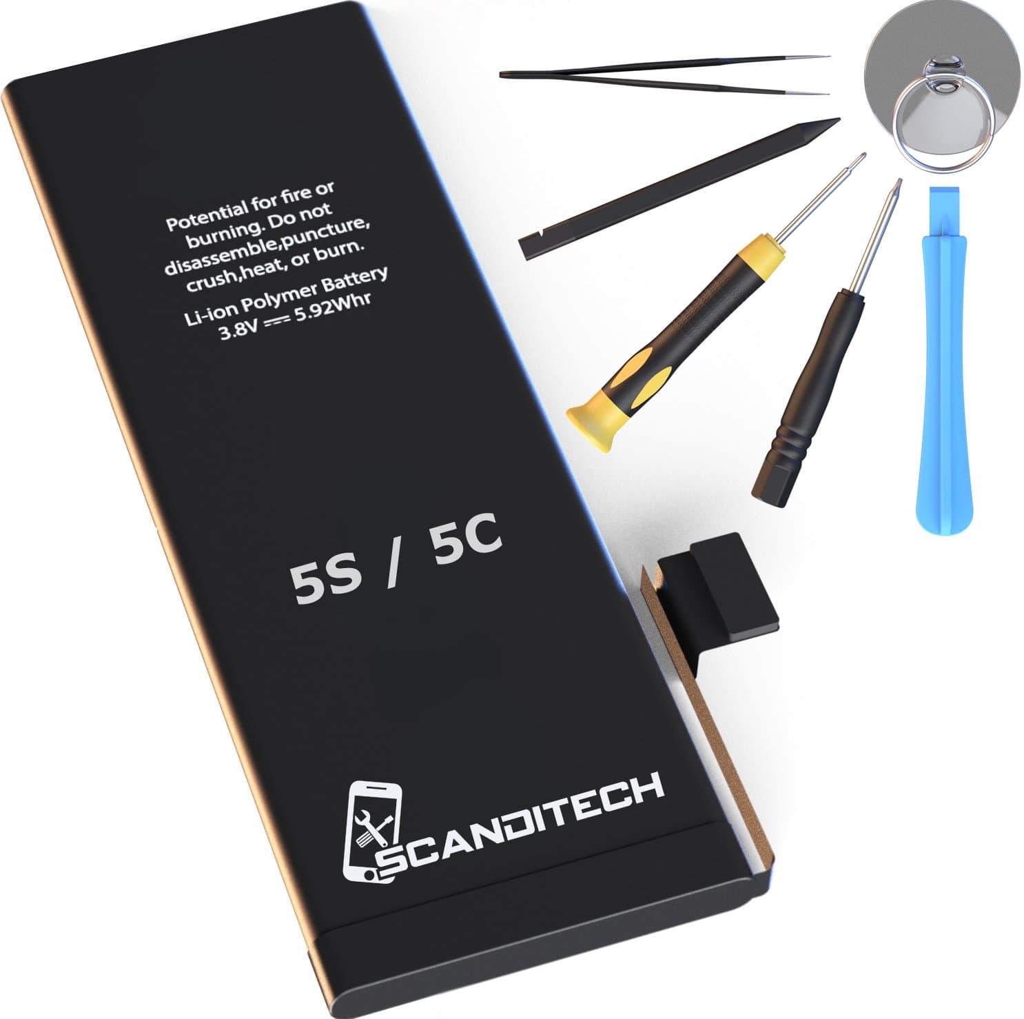 Battery Model iP5S-5C (not SE) - Replacement Kit with Tools, Adhesive & Instructions - New 1560 mAh 0 Cycle Battery - Repair Your Phone in 20 min - 1 Year Warranty
