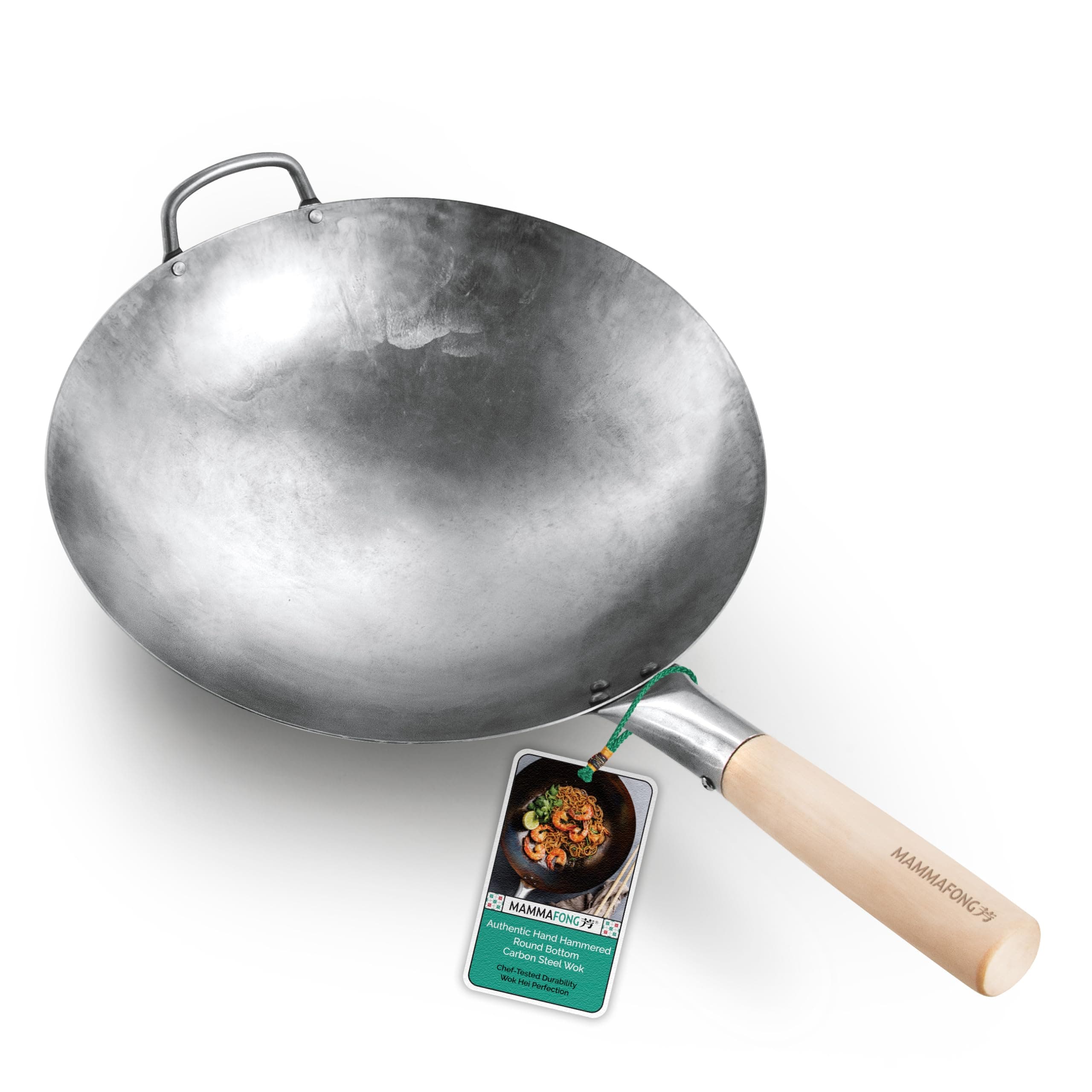 Mammafong Round Bottom 14-inch Traditional Carbon Steel Wok Pan - Authentic Hand Hammered Woks and Stir Fry Pans - Pow Wok with no chemical coating