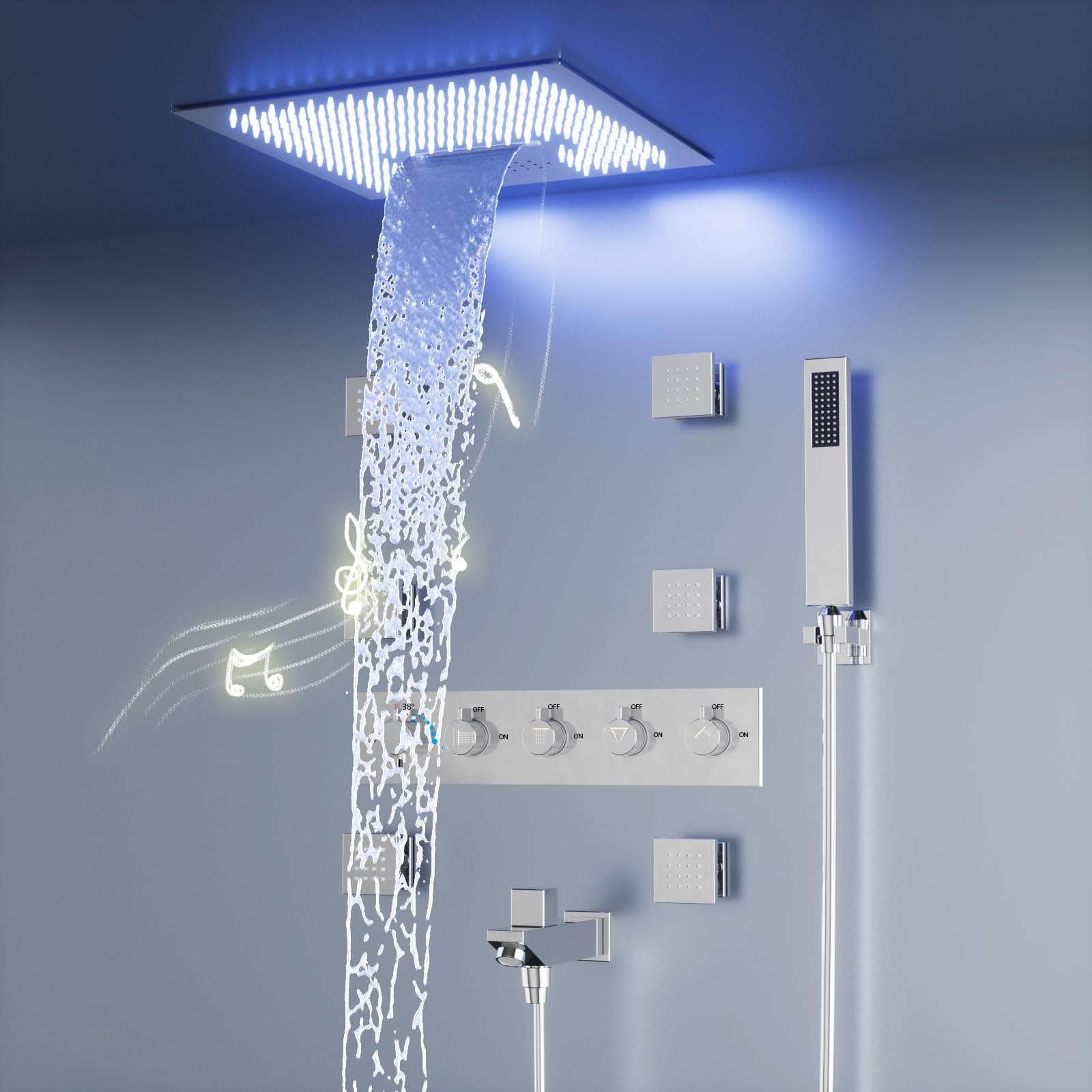 Rain Shower Jets System In Wall with 6 Body Jets, Doozoler Smart Thermostatic Shower System, 16 Inch Luxury Ceiling Mount Rainfall Waterfall Shower System with Tub Spout, LED Light Music, Chrome