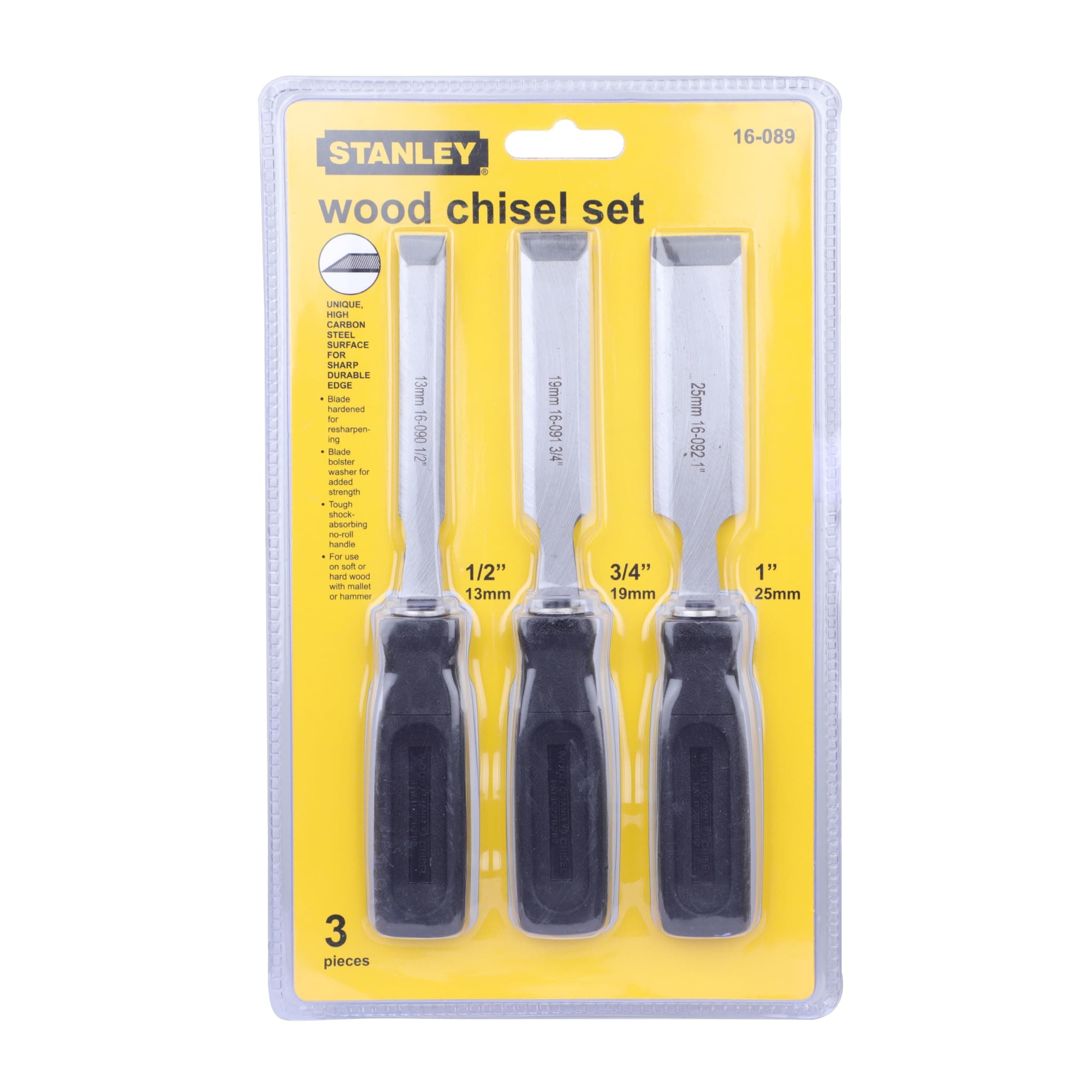 Stanley 16089 3-Piece Wood Chisel Set Black