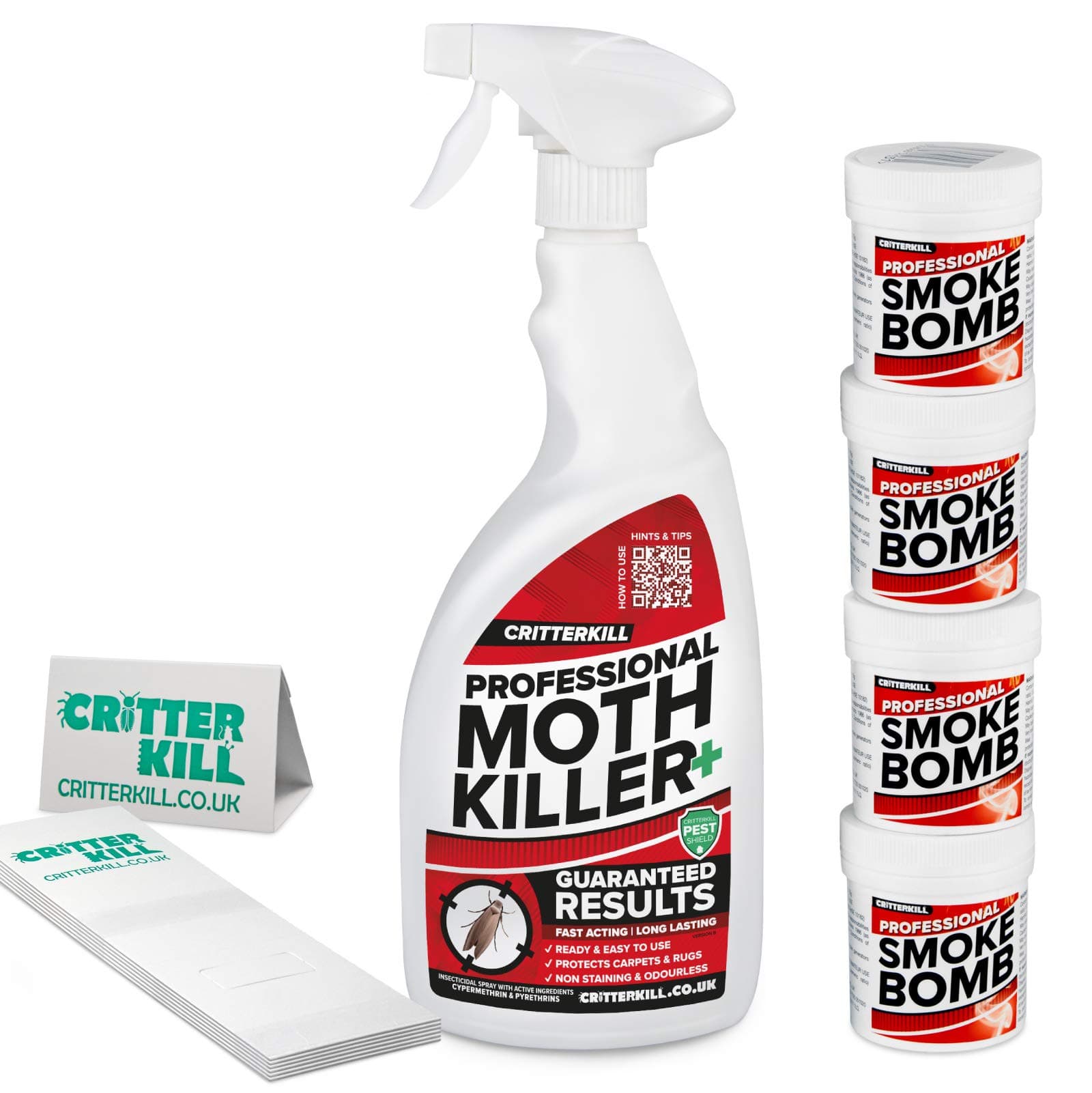 CritterKill Moth Killer Kit - For Low Level Home Infestation - Moth Spray + Smoke Bombs + Insect Traps (1L Spray / 4x16g Bombs / 6 Traps)