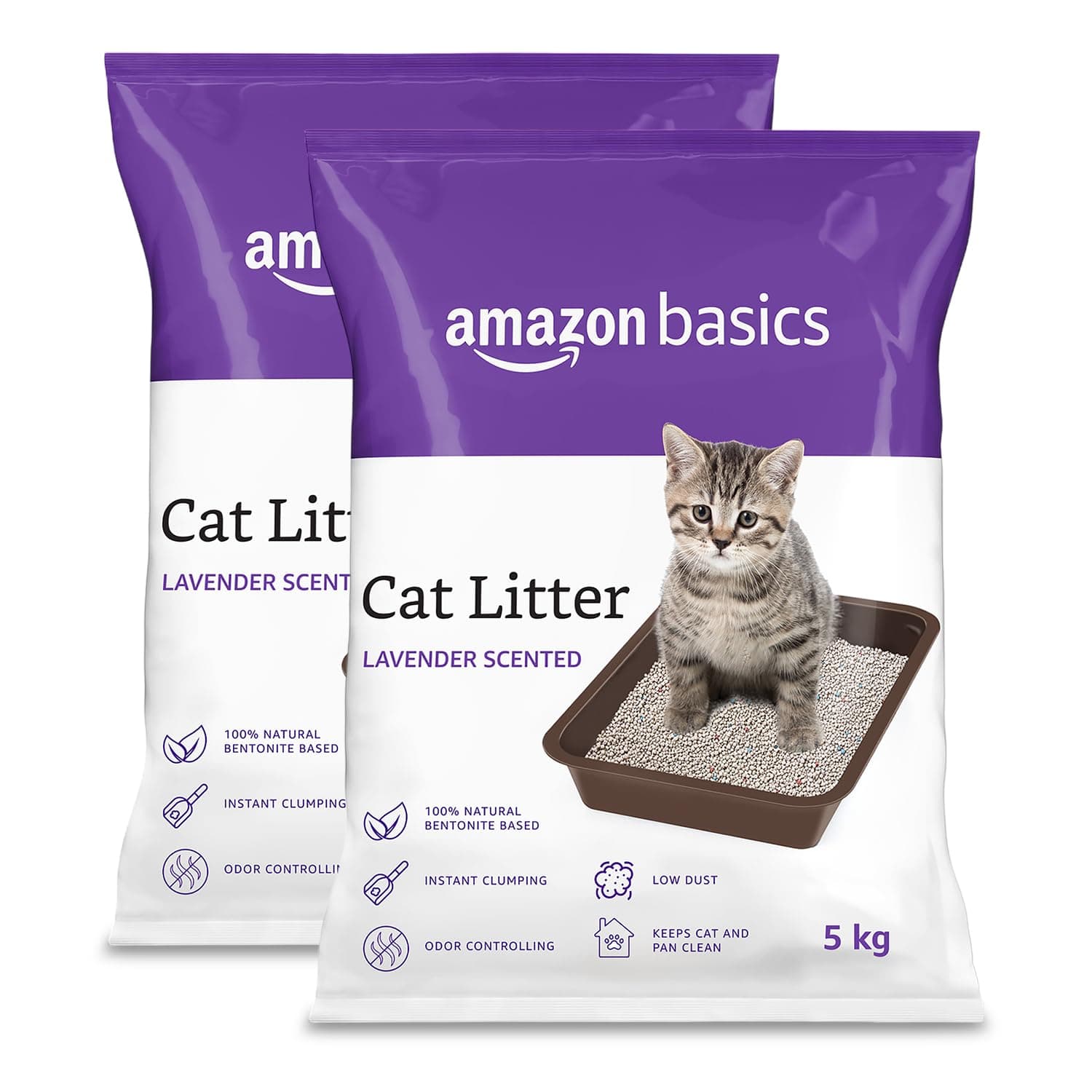 Amazon Basics Scoopable Smart White Bentonite Scented Cat Litter | 10 Kg | 5 Kg X 2 Packs | Organic | Bentonite From Turkey | Dust-Free | Lavender Fragrance