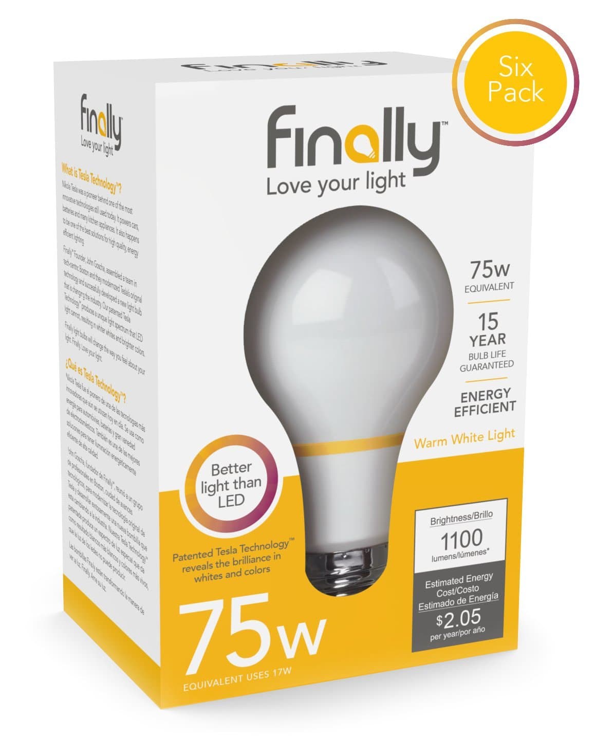 New Finally Light Bulb, 75 watt Equivalent, A19, Pack of 6 Light Bulbs, Long Lasting, Warm White, Non-LED, Energy Efficient, with Tesla Technology