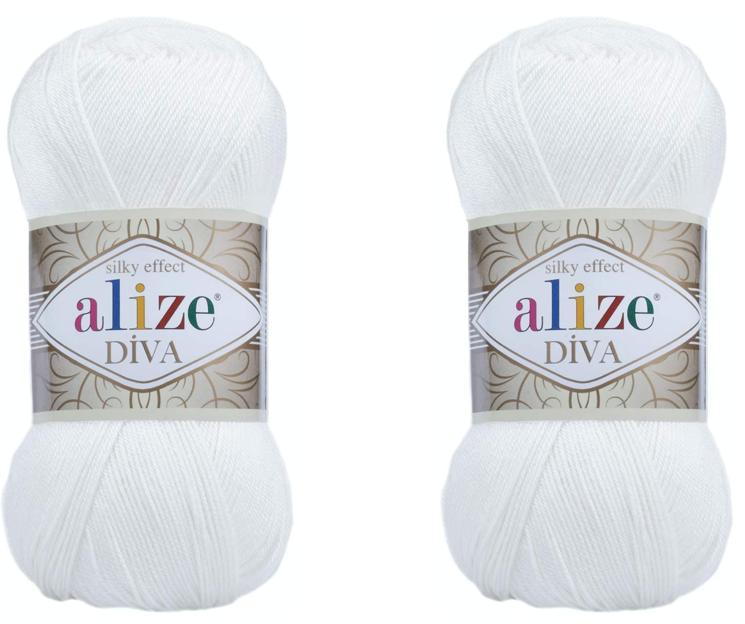 Alize Diva Hand Knitting Yarn - 100% Microfiber Acrylic With Silk Effect - Crochet Art Lace Craft - 2 Skeins, 200gr, 767 Yds (55-White)