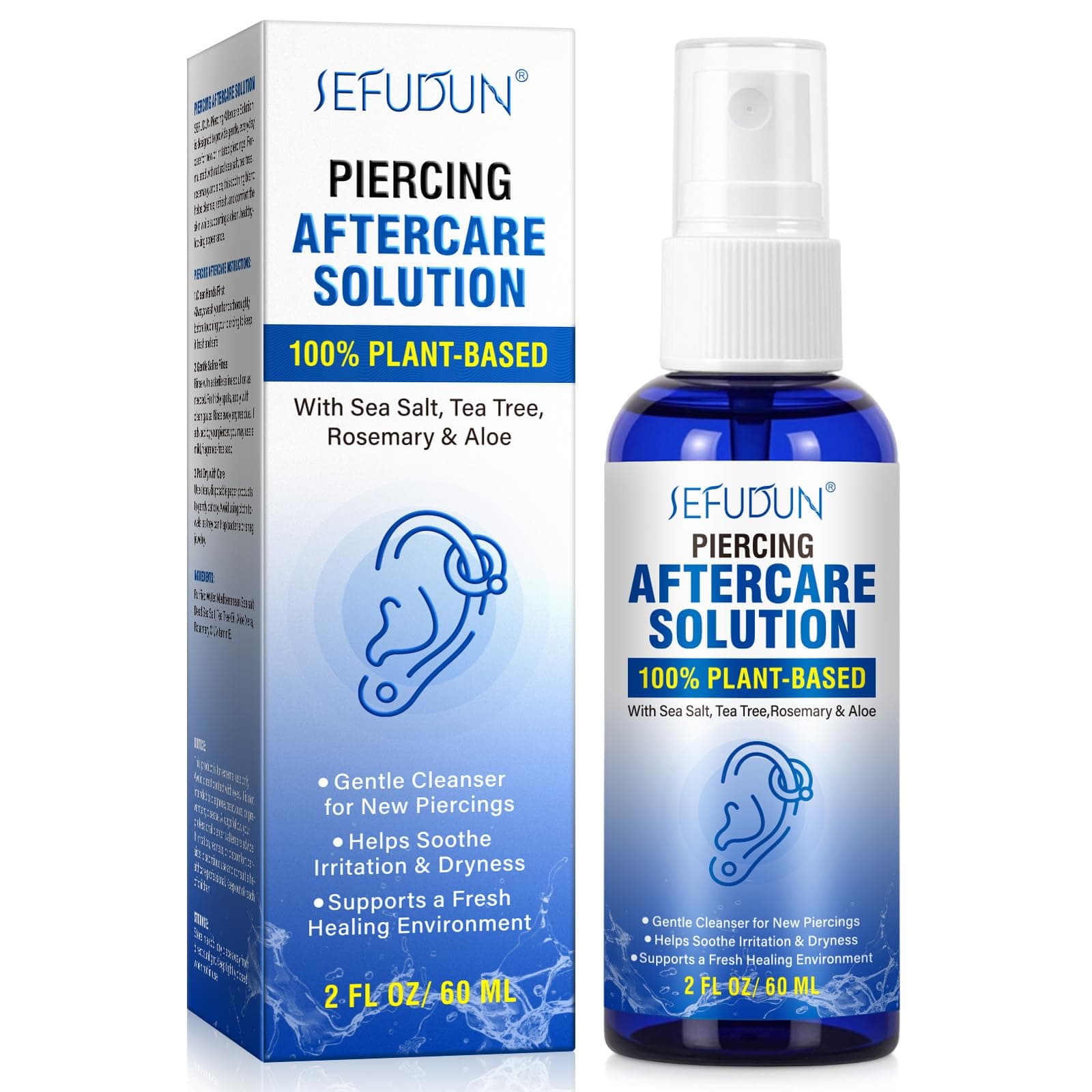 Piercing Cleaning Solution - Piercings Aftercare Spray, Saline Solution Piercing, Cleanses Soothes for Piercings on Ear, Nose & Navel, 60ml