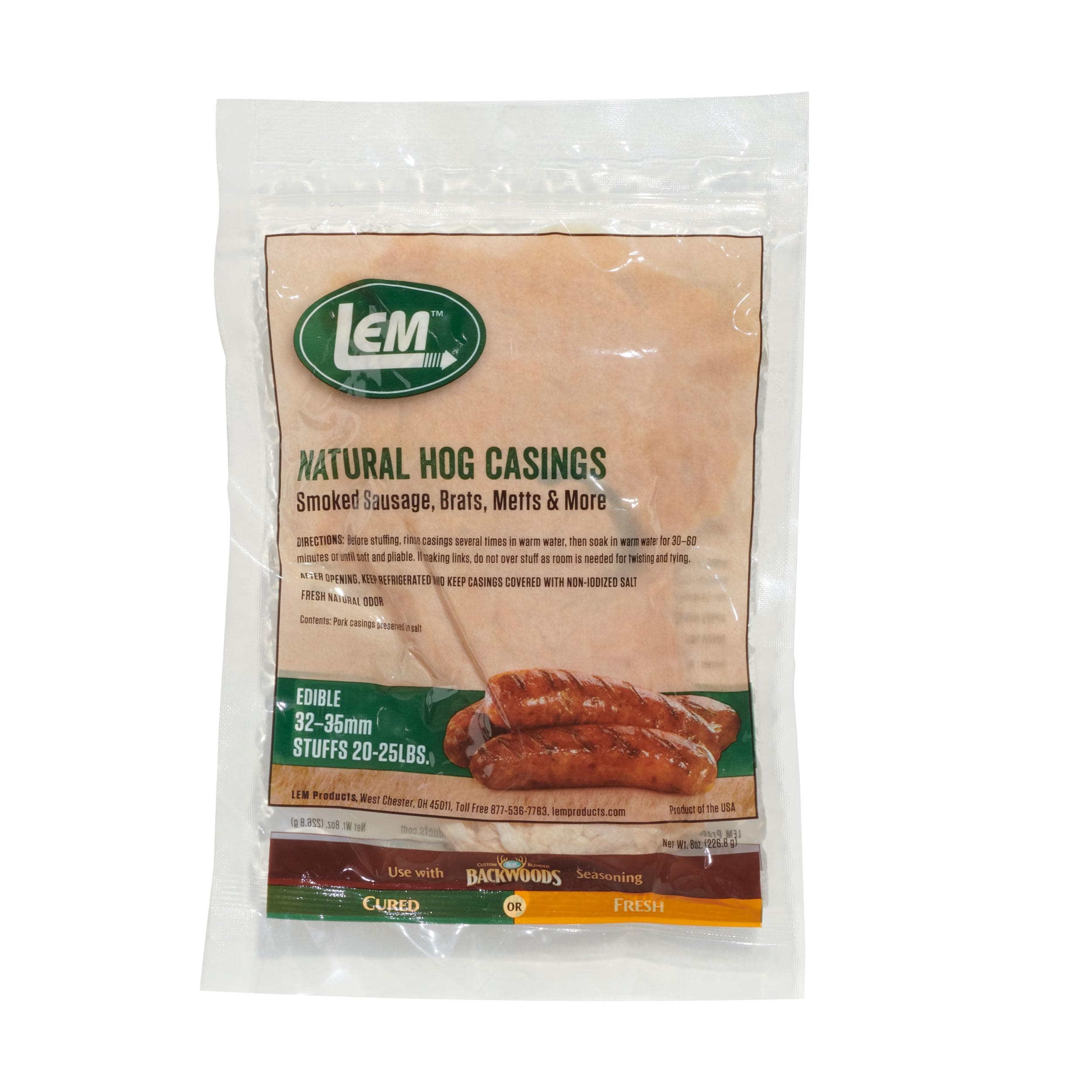 LEM Products Natural Hog Casings, 32-35mm, Edible Sausage Casings, Stuffs Approximately 30 Pounds, Great for Sausage Links, Franks, Metts, and More, 6.1 Ounce Package