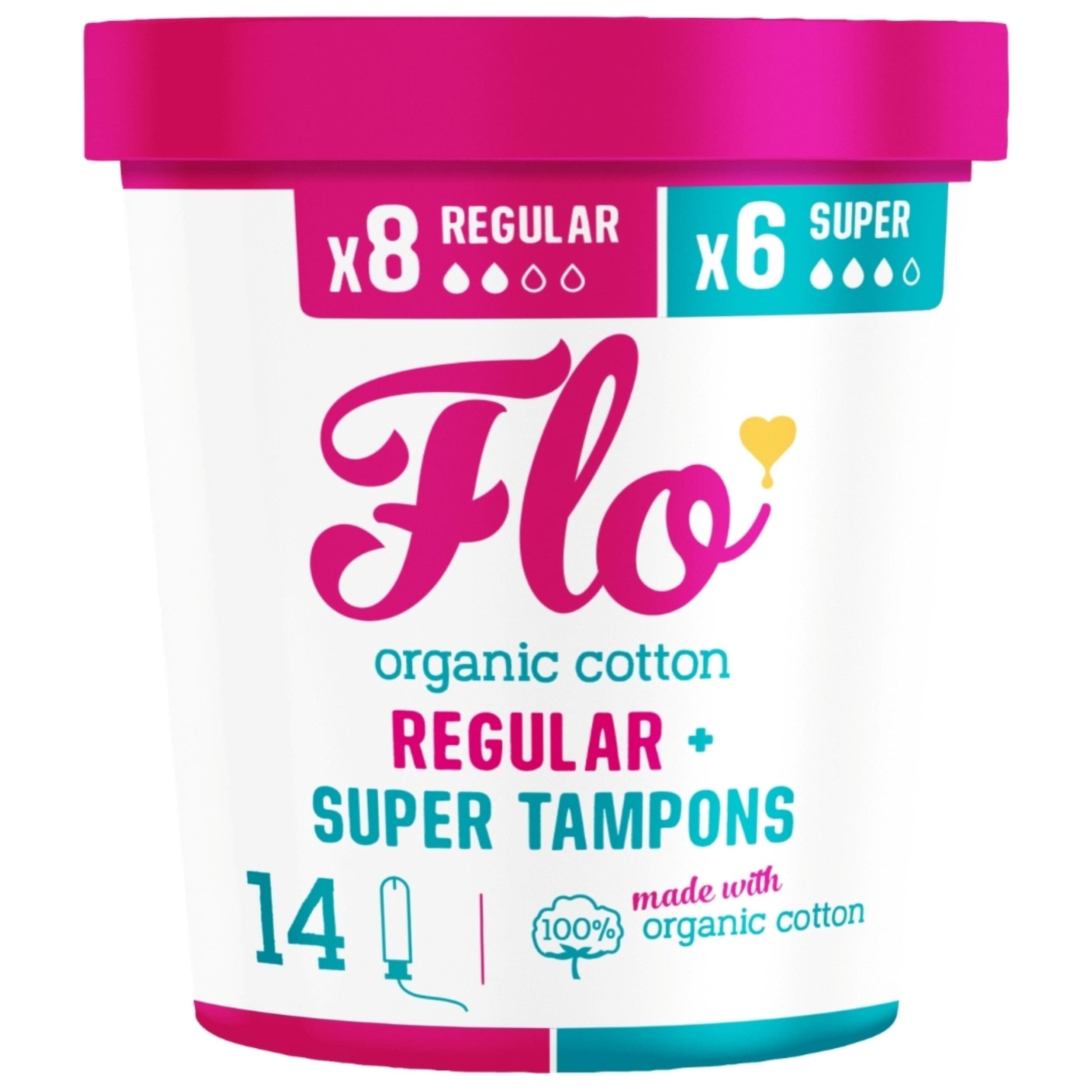 FLO Applicator Tampons, Made from Organic Cotton, Biodegradable, Regular and Super Combo Pack, 14 Count (Pack of 1)