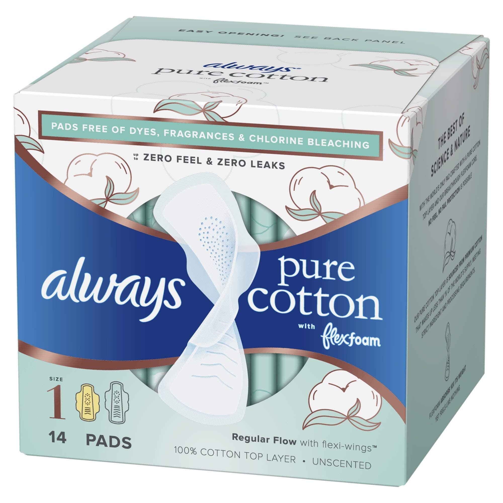 Always Pure Cotton with Flexfoam Pads, Size 1, Regular Absorbency (42 Count)