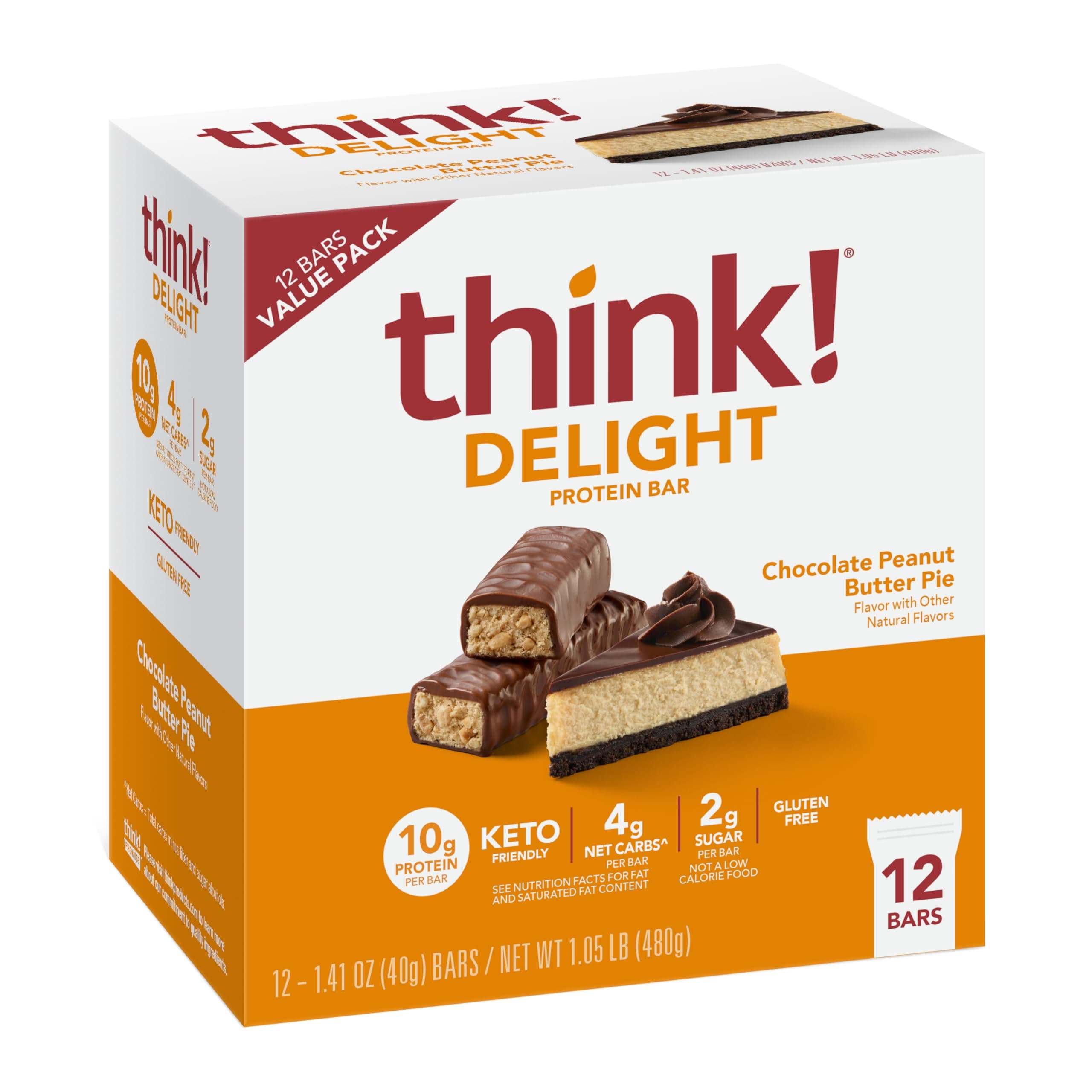 think! Delight Protein Bars, Chocolate Peanut Butter Pie, Low Sugar & Low Carb Gluten-Free Snack, Keto Friendly Snacks, 12 Count (Packaging May Vary)