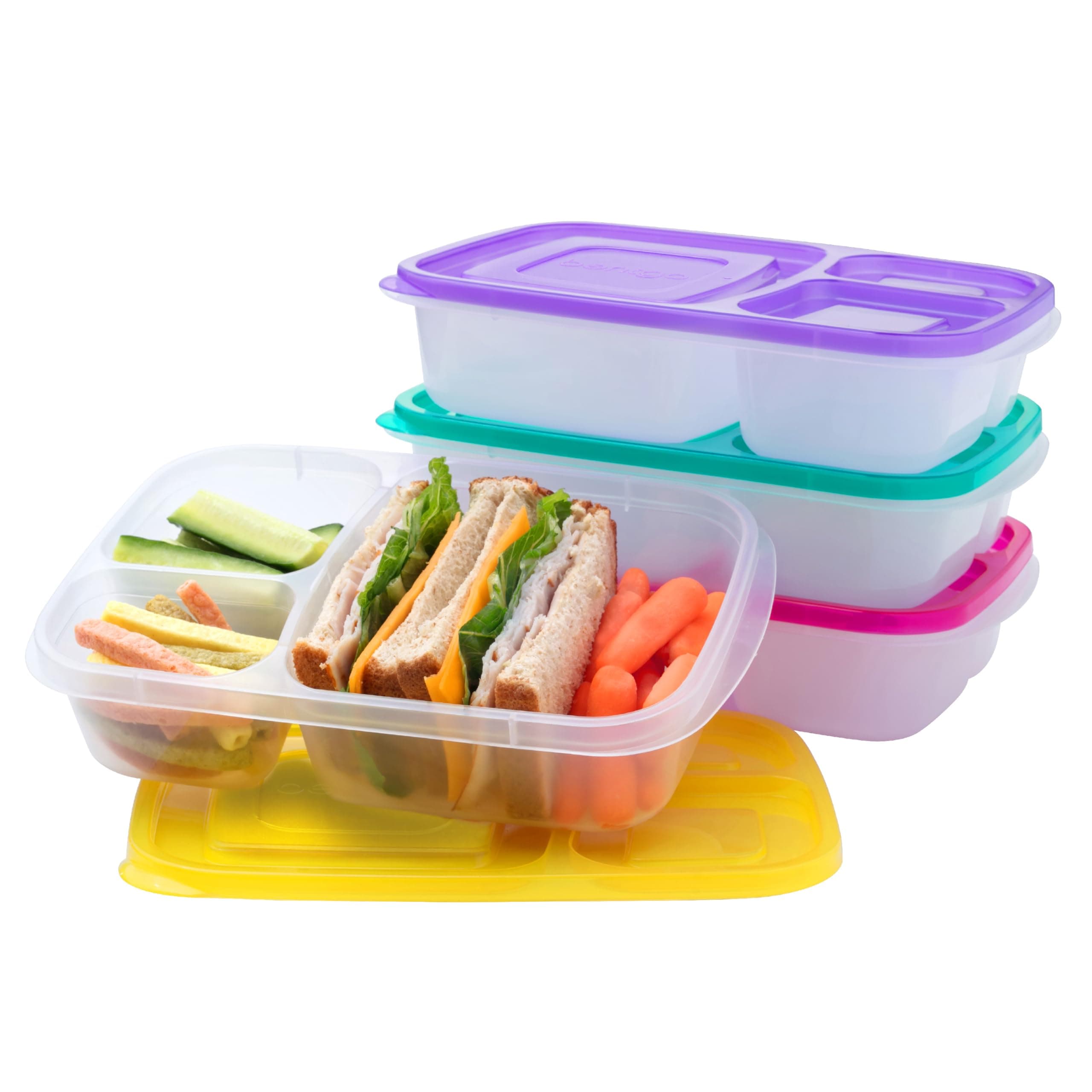 Easyboxes - Original Stackable Lunch Boxes - Reusable 3-Compartment Food Containers for Kids and Adults - Bento Lunch Box for Meal Prep, School, & Work - BPA Free, Set of 4 (Brights)