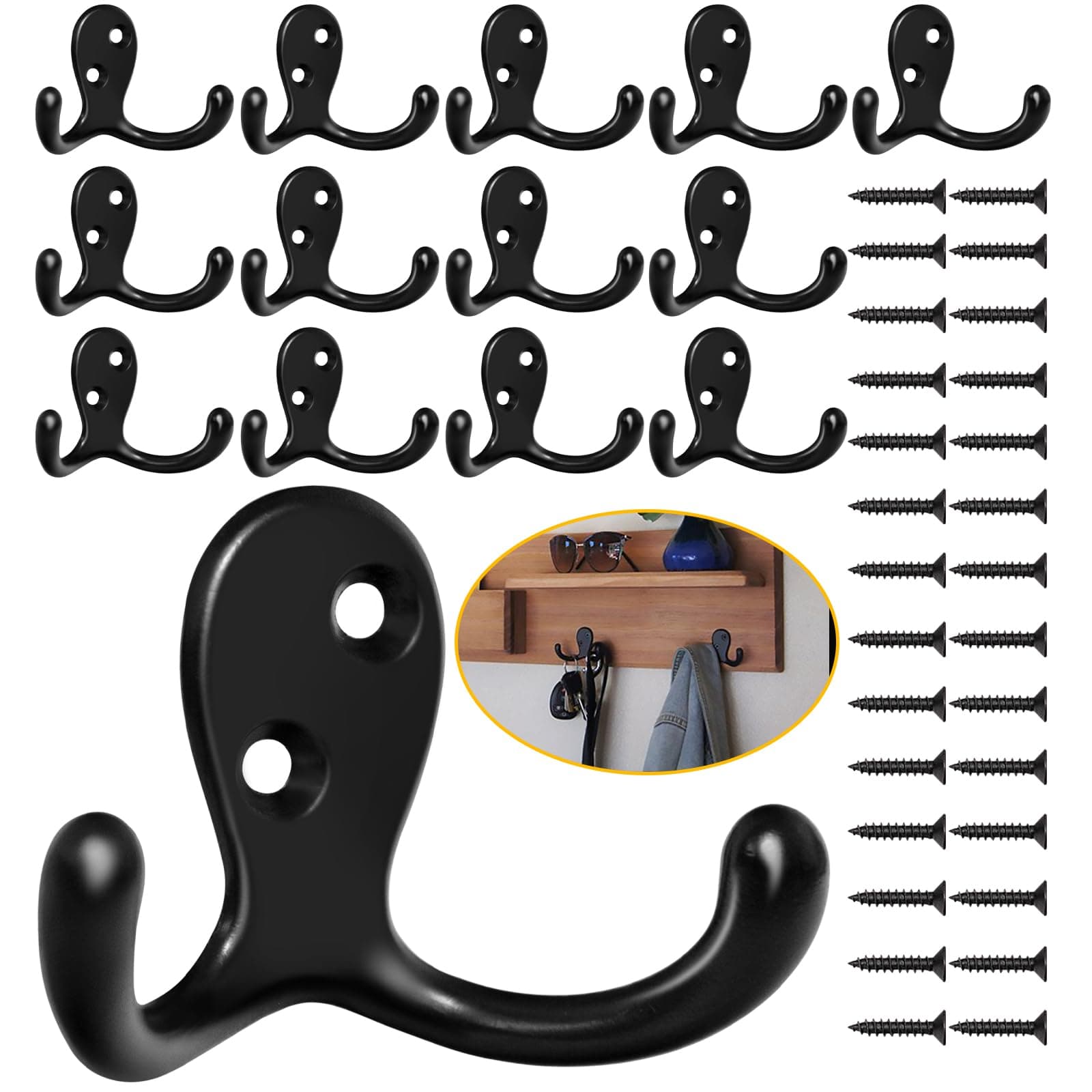 14 Pack Coat Hooks, Heavy Duty Double Prong Coat Hooks Wall Mounted with 28 Screws, No Rust Black Metal Wall Hooks for Hanging Towel, Coat, Bag, Hat, Cup, Key