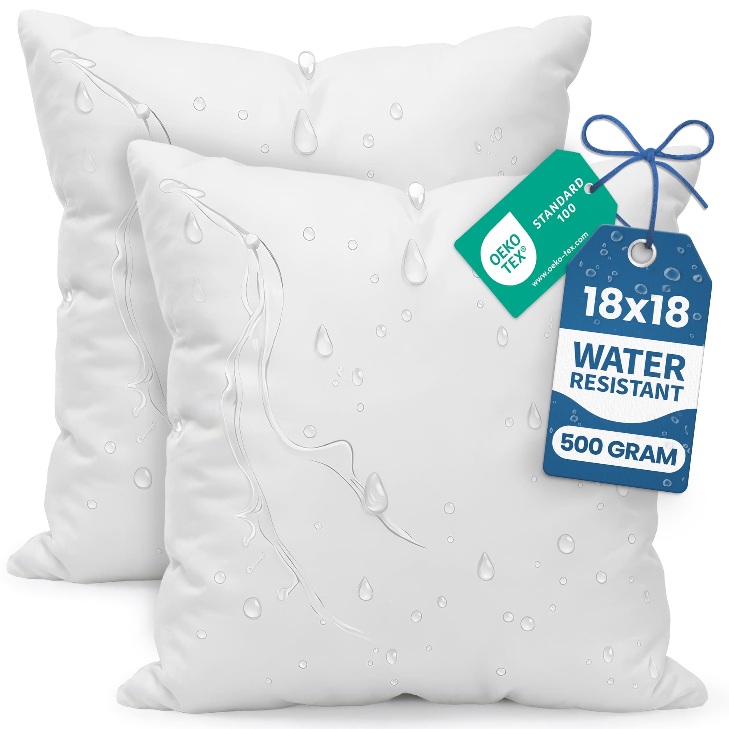 Outdoor Pillow Inserts 18 x 18 Inches (Pack of 2, White), Water Resistant Garden Throw Pillows for Patio and Porch Furniture