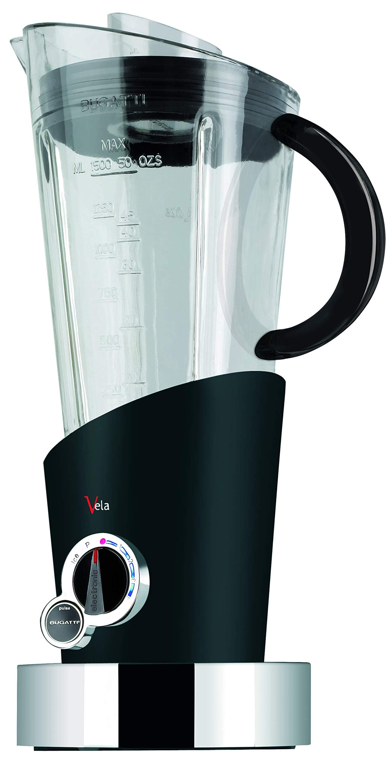BUGATTI, Vela Evolution, Electric Blender for Milk Shakes and Smoothies, Ice Crusher Function Included, 4 Speeds, Capacity 1.5 Liter, 500 W, Innovative Design (Black)