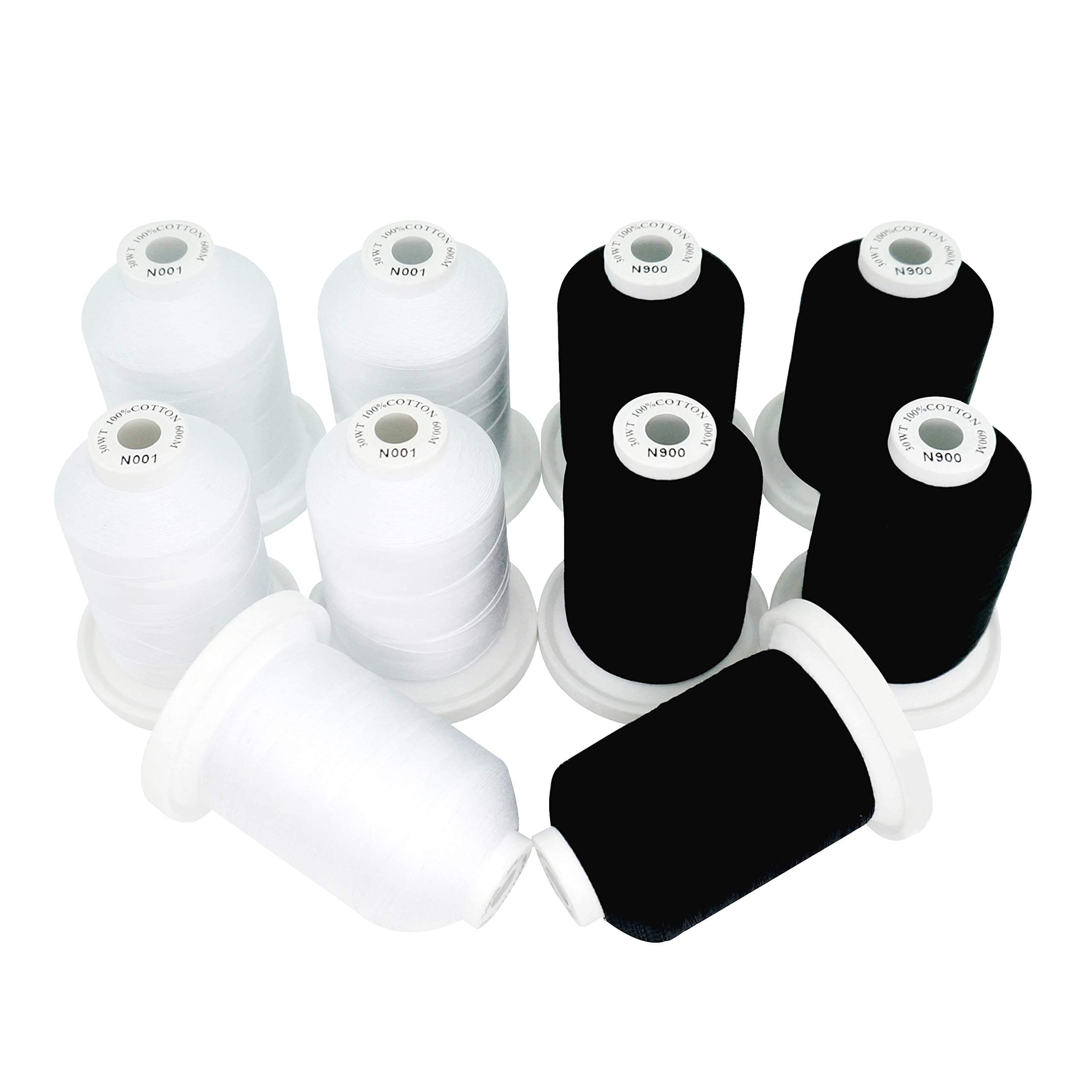 18 Options - Multi-Purpose 100% Mercerized Cotton Threads 50S/3 600M(660Y) Each Spool for Quilting, Serger, Sewing and Embroidery - 5 White+5 Black Colors