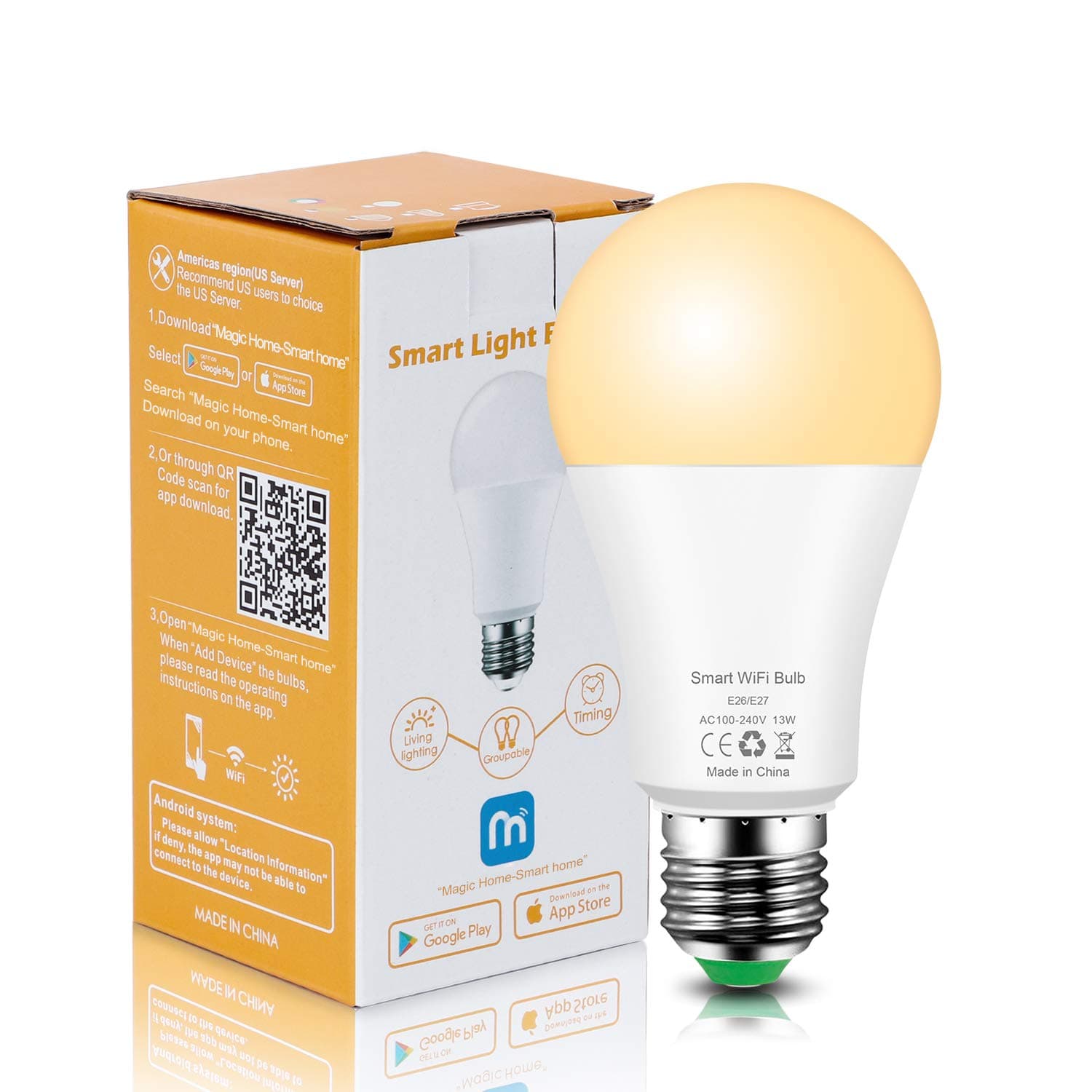 Smart Bulb 13W WiFi Light Bulbs Dimmable Soft White LED Bulb Work with Alexa, Google Home Assistant, No Hub Required, A19 E26, 100W Equivalent, 1050LM, 2700K