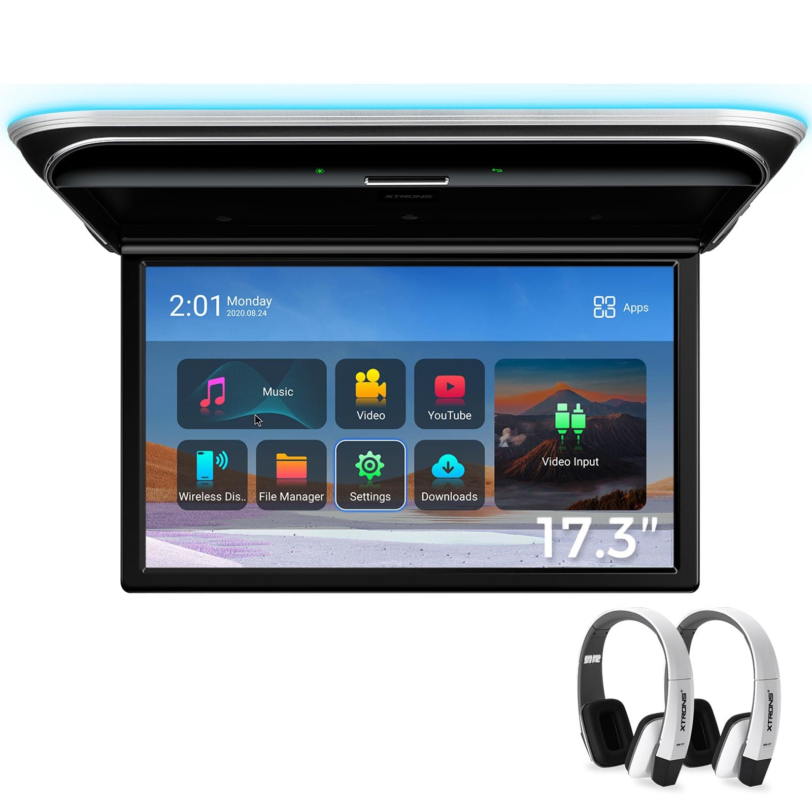 XTRONS Android Car Overhead Player 17.3 Inch Wide IPS Screen 8K Video Car Roof Mount Monitor Built-in Stereo Speakers Flip Down Overhead Car Monitor Support HDMI, USB, 2 White IR Headphones Included