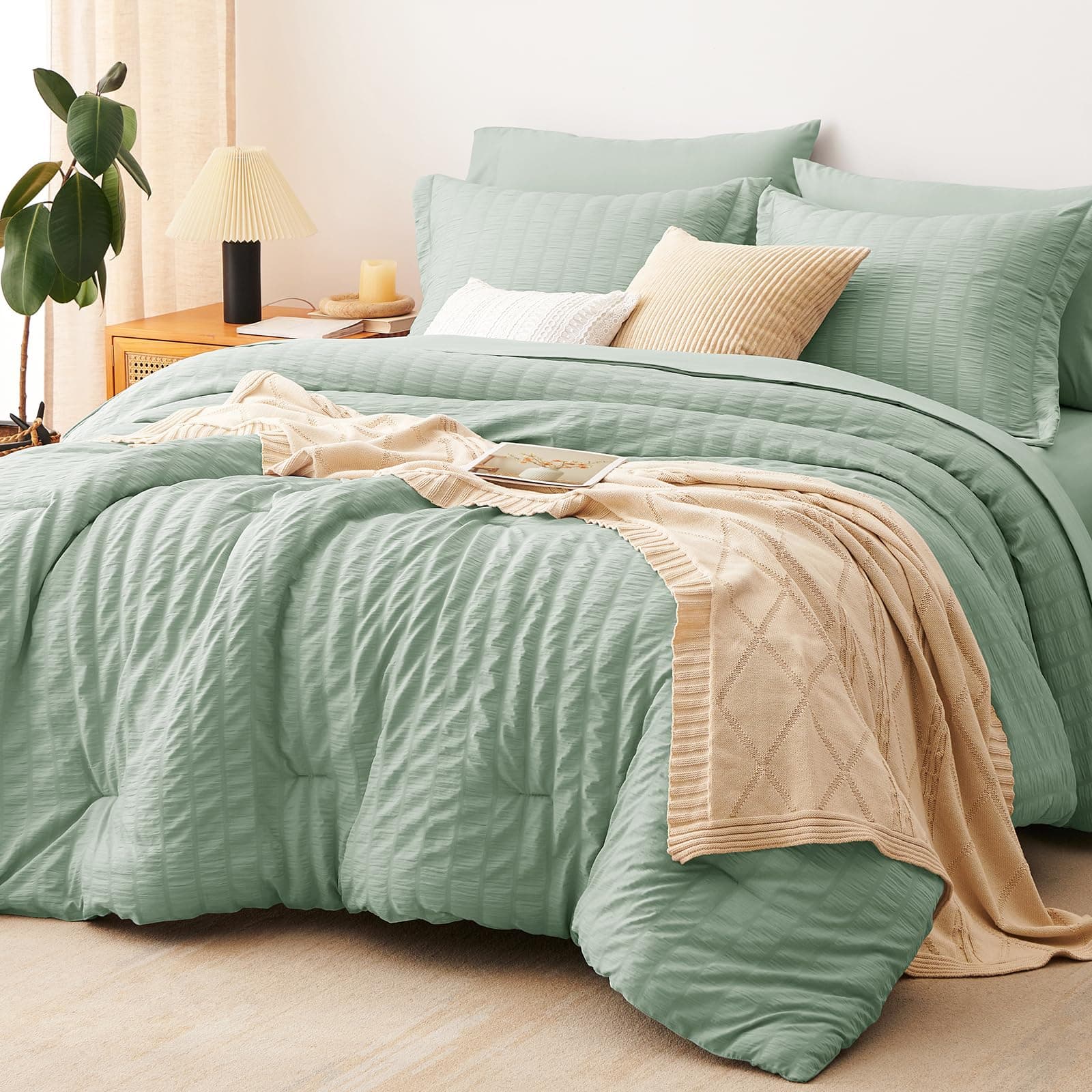 CozyLux Full Size Comforter Sets with Sheets 7 Pieces, Sage Green Seersucker Bed in a Bag Textured Luxury Soft Bedding Sets with Down Alternative Comforter, Sheets, Pillowcases & Shams for All Seasons